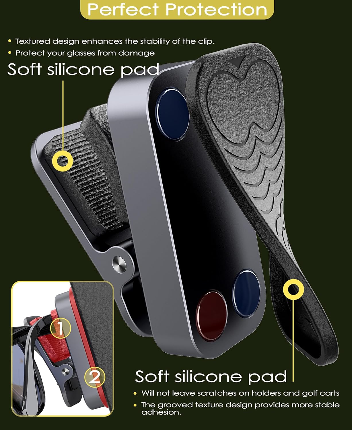 Sunglass Holder for Golf Cart, Magnetic Aluminium Sunglass Holder Clip Accessory for Golf Carts, Silicone Padded Eyeglass Clip Universal Fit with Gift Storage Bag