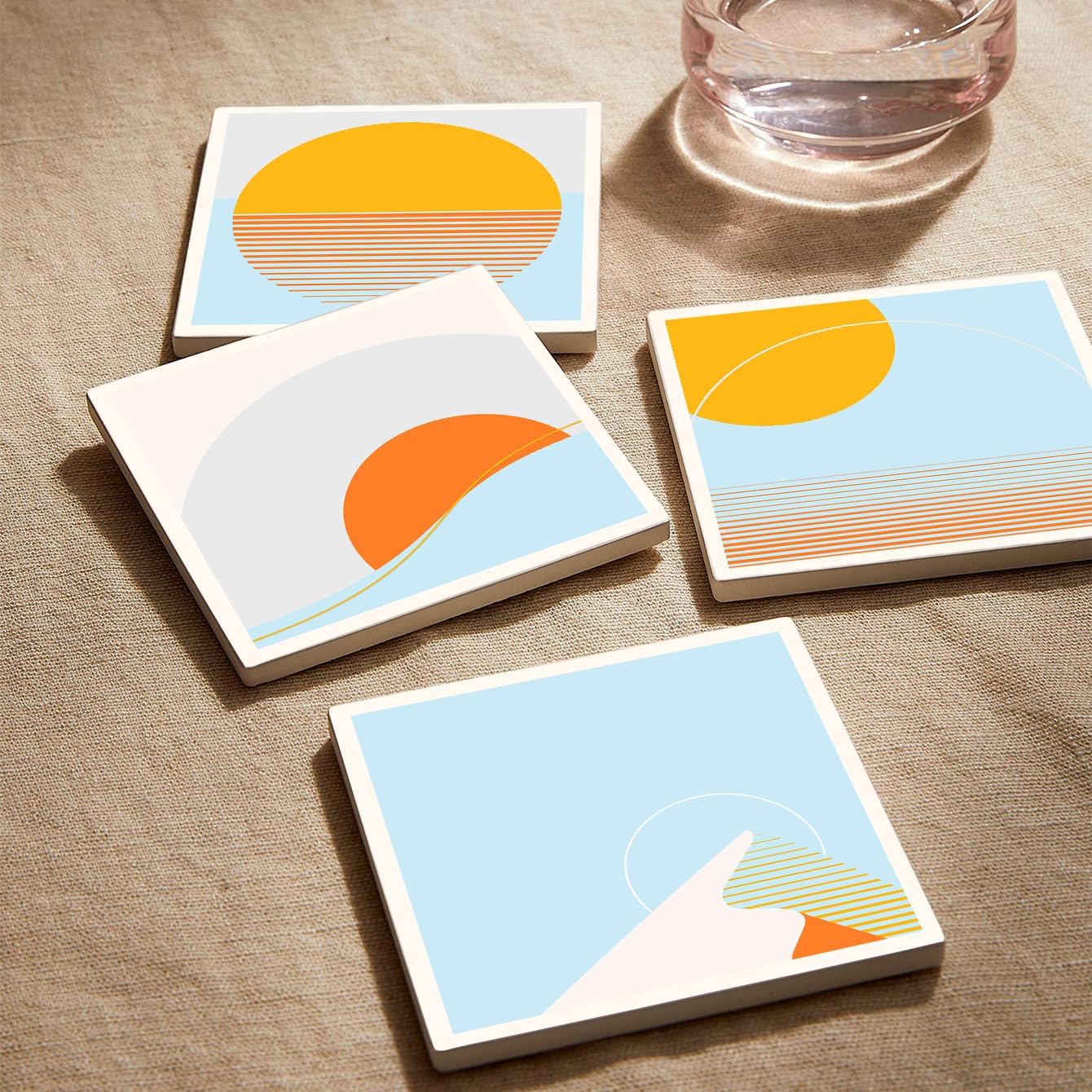 MAYCARI Abstract Sun Coasters Set of 6 Cork Backed Artistic Coasters with Metal Holder Minimalist Aesthetic Ceramic Surface Drink Cup Mats for Tabletop Protection Modern Desk Decoration Birthday Gifts