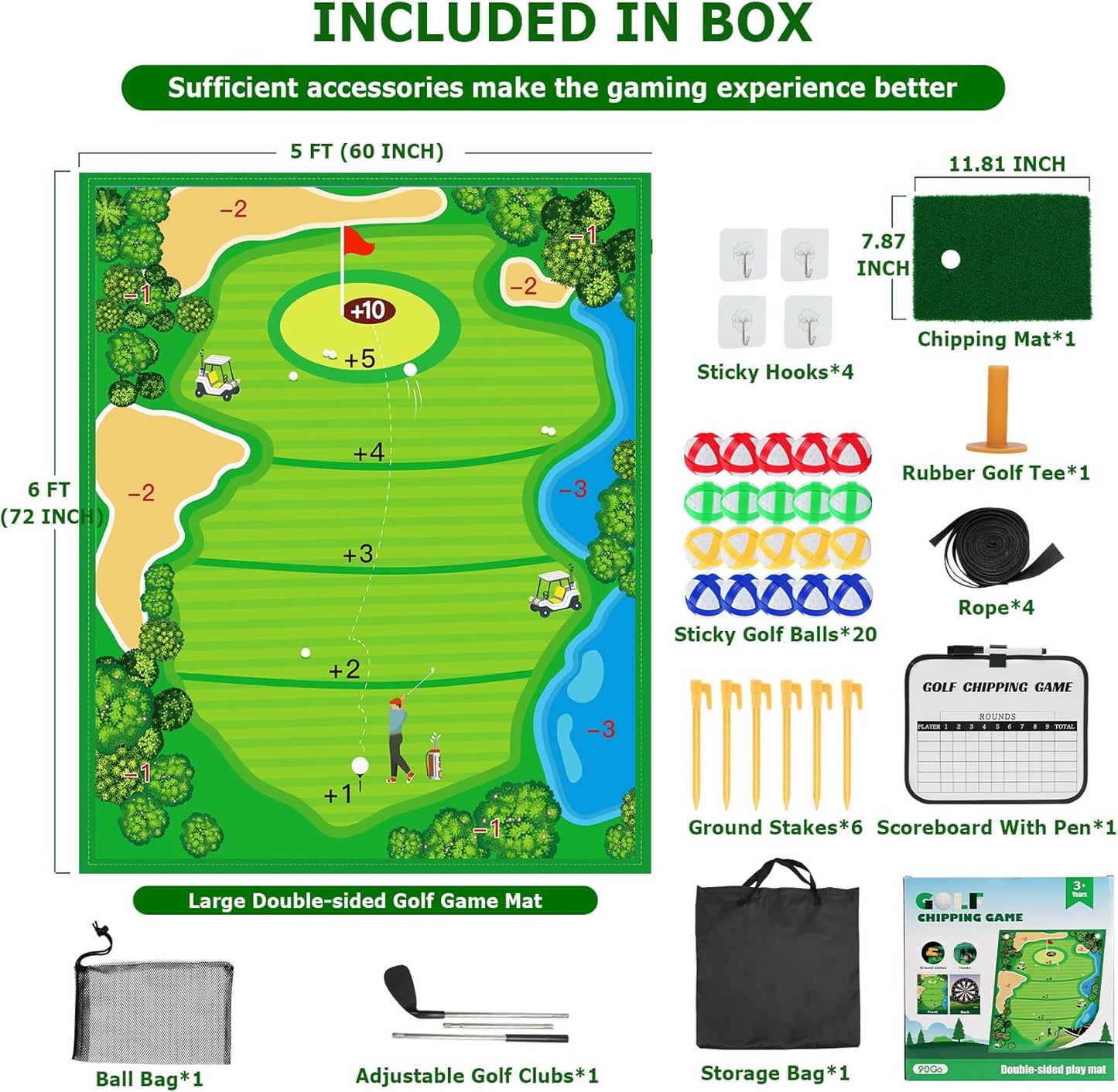 Double-Sided Chipping & Dart Game Mat Set with Golf Club, 20 Sticky Balls, 6Ft x 5Ft Supersize Game Training Mat, Ideal Indoor & Outdoor Gifts for Adults, Family, and Kids Play
