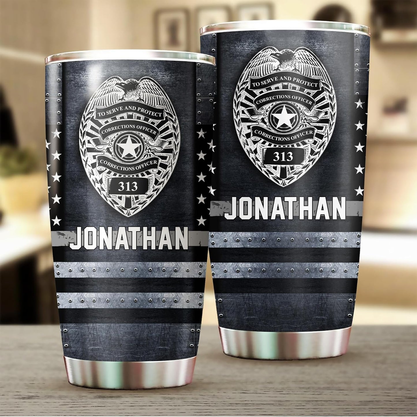 Custom Name Badge Correctional Officer - Thin Silver Grey Gray Line American Flag Coffee Tumbler - Patriot Pride Gifts - Corrections Officer Police Gifts - Tumbler With Lid