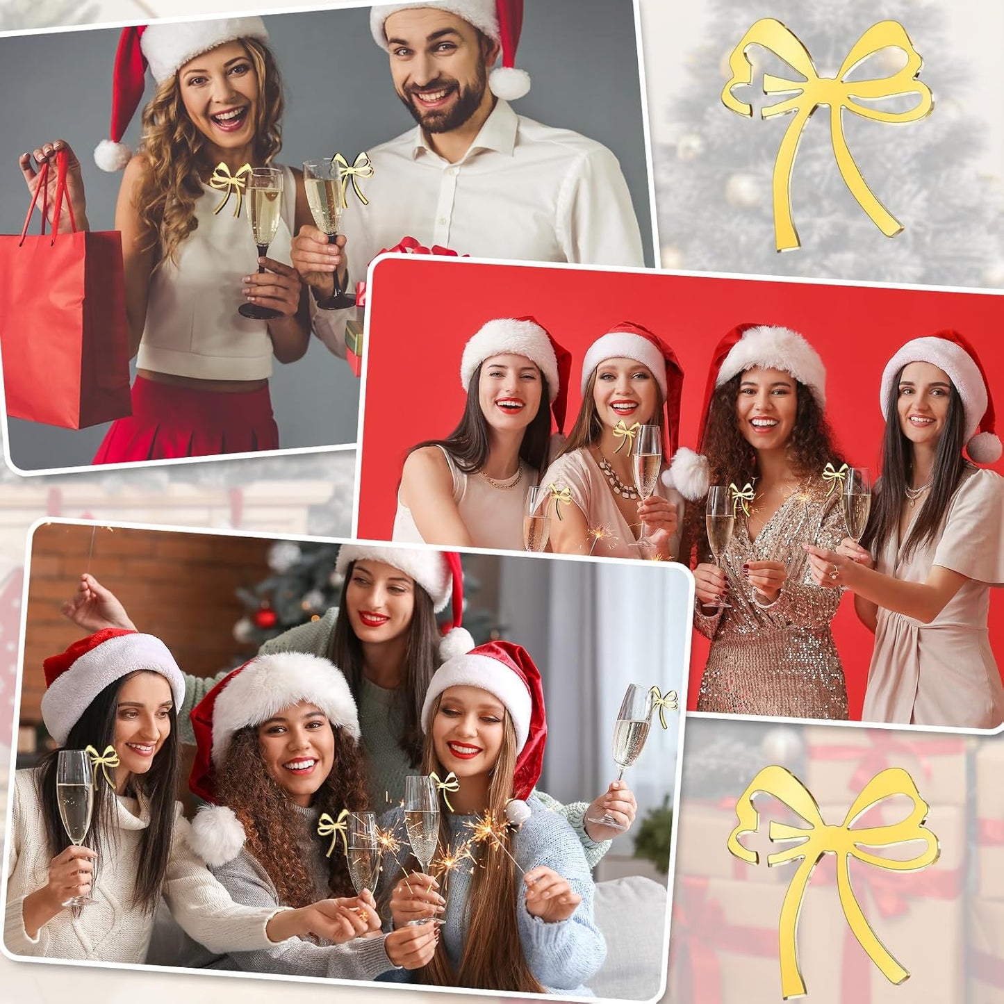 50 Pcs Bow Drink Tags Mirror Bow Markers Christmas Bowknot Decorations Themed Party Favors Coquette Acrylic Cocktail Tag for Bachelorette Birthday Wedding Party Decor Accessory