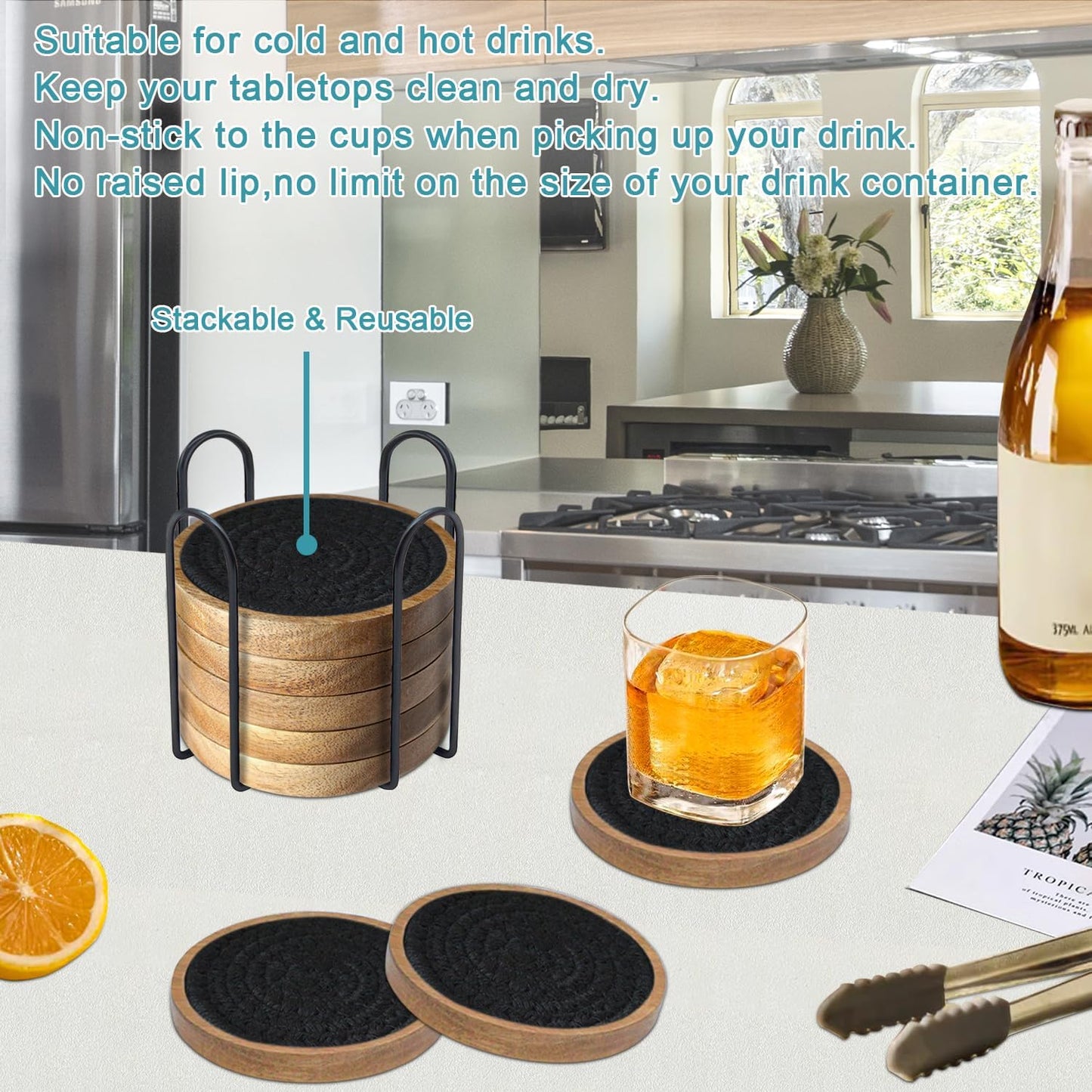 Wood Coasters for Drinks, Absorbent Coaster Sets of 8, Woven Drink Coasters for Coffee Table, Housewarming Gift for Farmhouse Home Decor,4.3 inches Black