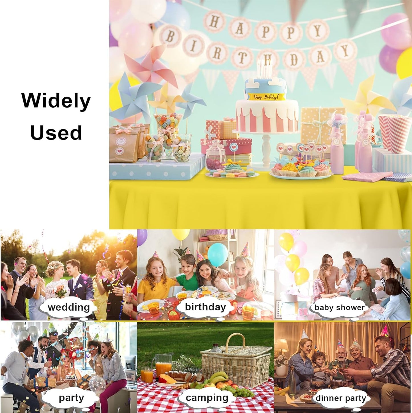 6 Pack Round Disposable Light Yellow Tablecloth, Light Yellow Plastic Table Cloths for Parties Disposable, 84x84 in Waterproof Camping Tablecloth for Birthday Party Baby Shower Picnic School