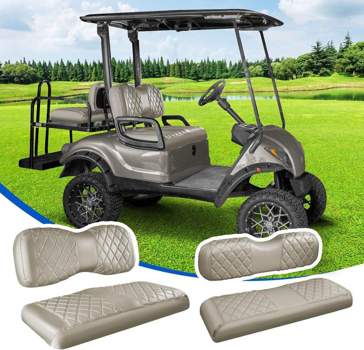 NOKINS 4PCS Golf Cart Seat Covers Kit, Front and Rear Seat Covers Fits YAMAHA/G29/Drive2 Standard Seat Cushion, Yamaha Vinyl Diamond Replacement Seat Covers, No Stapler(Oyster Gray)