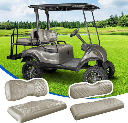 NOKINS 4PCS Golf Cart Seat Covers Kit, Front and Rear Seat Covers Fits YAMAHA/G29/Drive2 Standard Seat Cushion, Yamaha Vinyl Diamond Replacement Seat Covers, No Stapler(Oyster Gray)