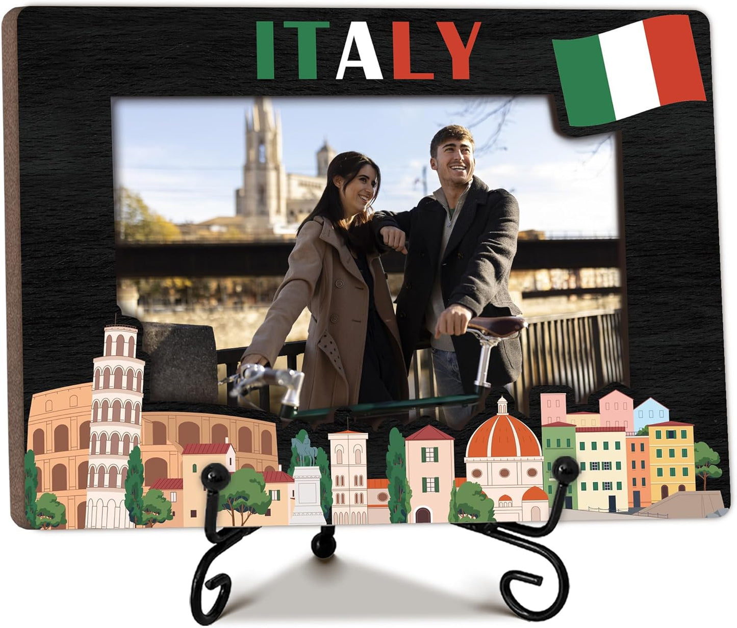 Italy Picture Frame Gift, 5 x 8 Wooden Photo Frame with Stand, Italian Vacation Gifts, Friendship Honeymoon Gift for Friends Couples, Home Office Desk Decorations-A03