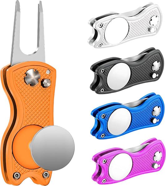 Golf Divot Tool with Magnetic Ball Marker, Multifunctional Divot Tool, Foldable Fork,Fix Divots, Clean Clubs and Cleats, U Shape Bottom can Hold Club