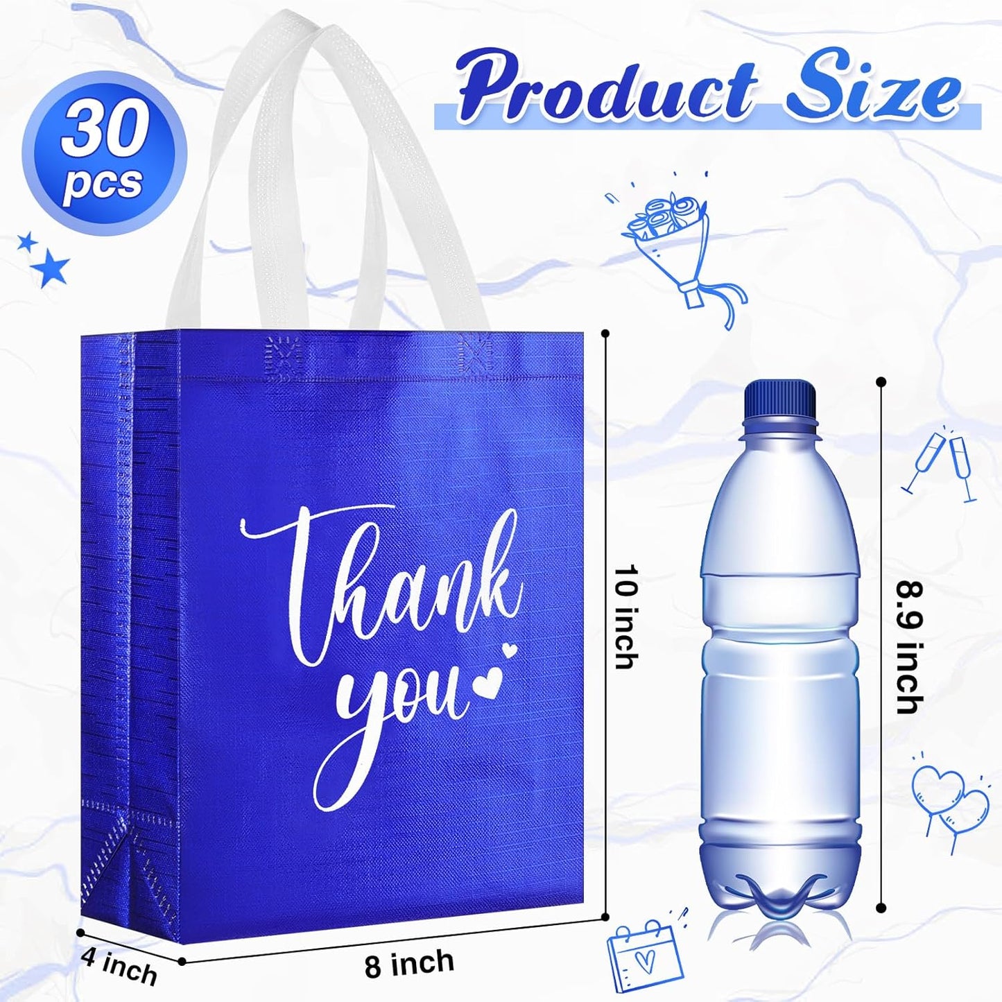 Sweetude 30 Pcs Thank You Gift Bags with Handles Bulk Reusable Goodie Bag Non Woven Foldable Handbag for Graduation Wedding Bridesmaid Gifts(10 x 8 x 4 Inch,Royal Blue)