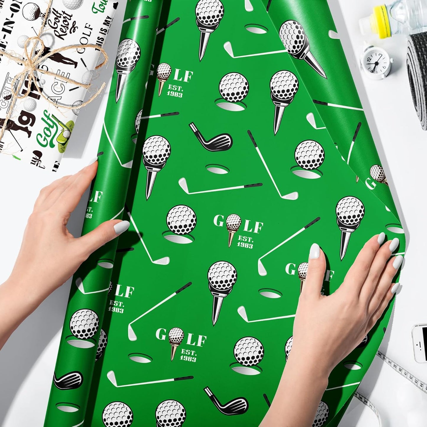 12-Sheet Golf Wrapping Paper Set – 6 Sports-Inspired Designs with Golf Clubs, Balls, Carts & Green Argyle Patterns | Flat Sheets for Birthdays, Retirement Parties & DIY Crafts (20"x27", Not Rolls)