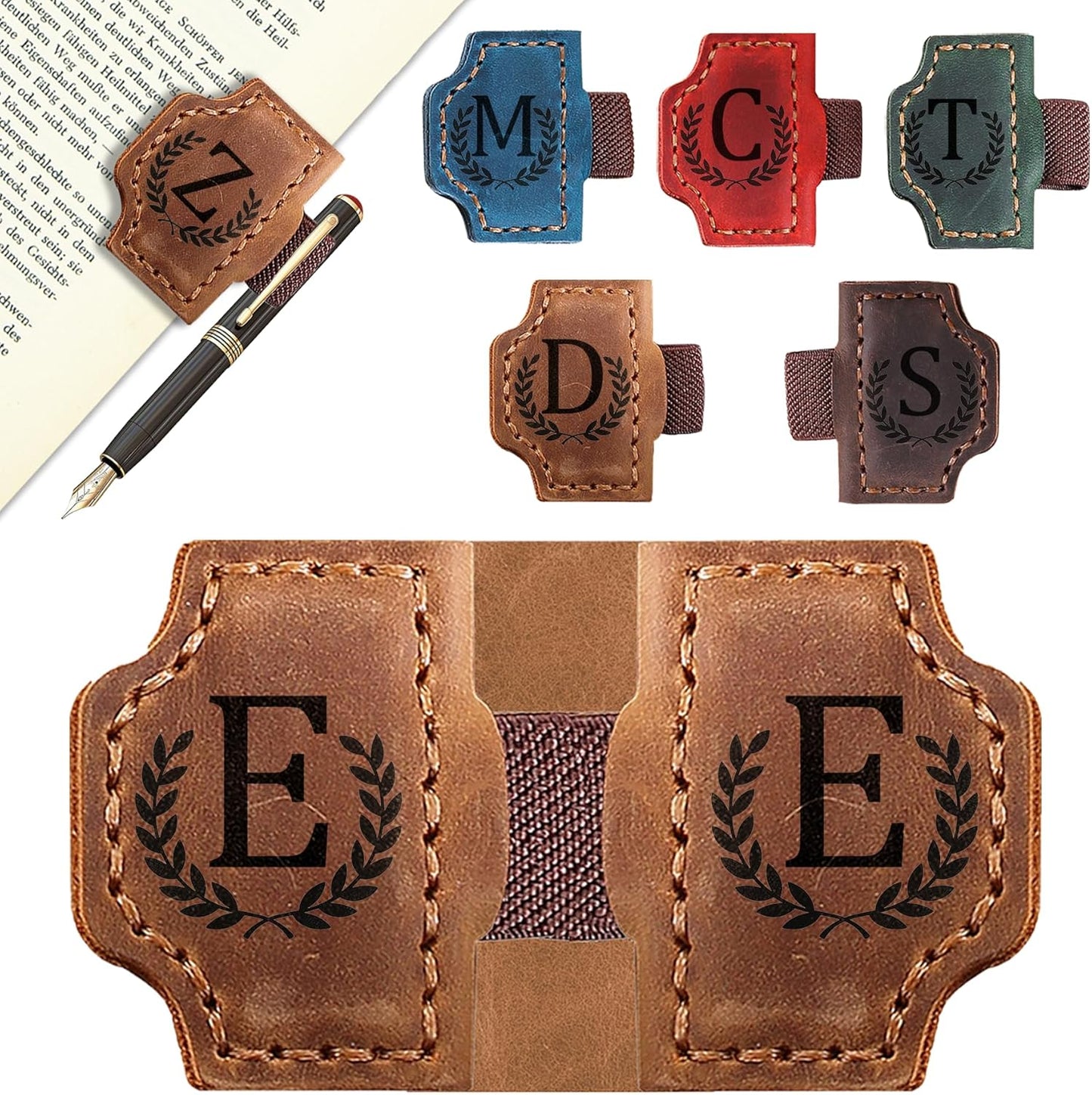 Bygone Mark Bookmark with Pen Holder, 26 Letters Name Initial Personalized Magnetic Bookmarks, Leather Book Mark for Men Women, Travelers Accessories, Teachers Readers Book Lovers Gifts (Brown, E)