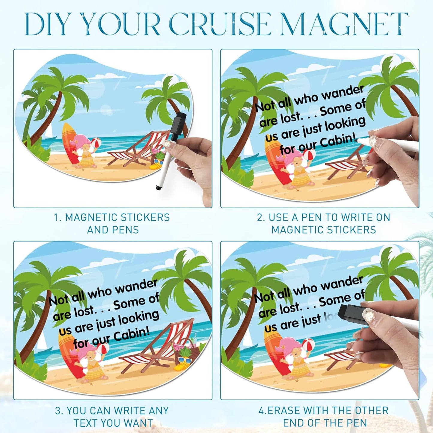 Cruise Door Decorations Magnetic, 16 Pcs Tropical Vacation Hawaii Beach Gnome Funny Cruise Magnets, Customizable Magnetic Ship Cabin Door Signs Fridge Decor, with 3 Pcs Pens