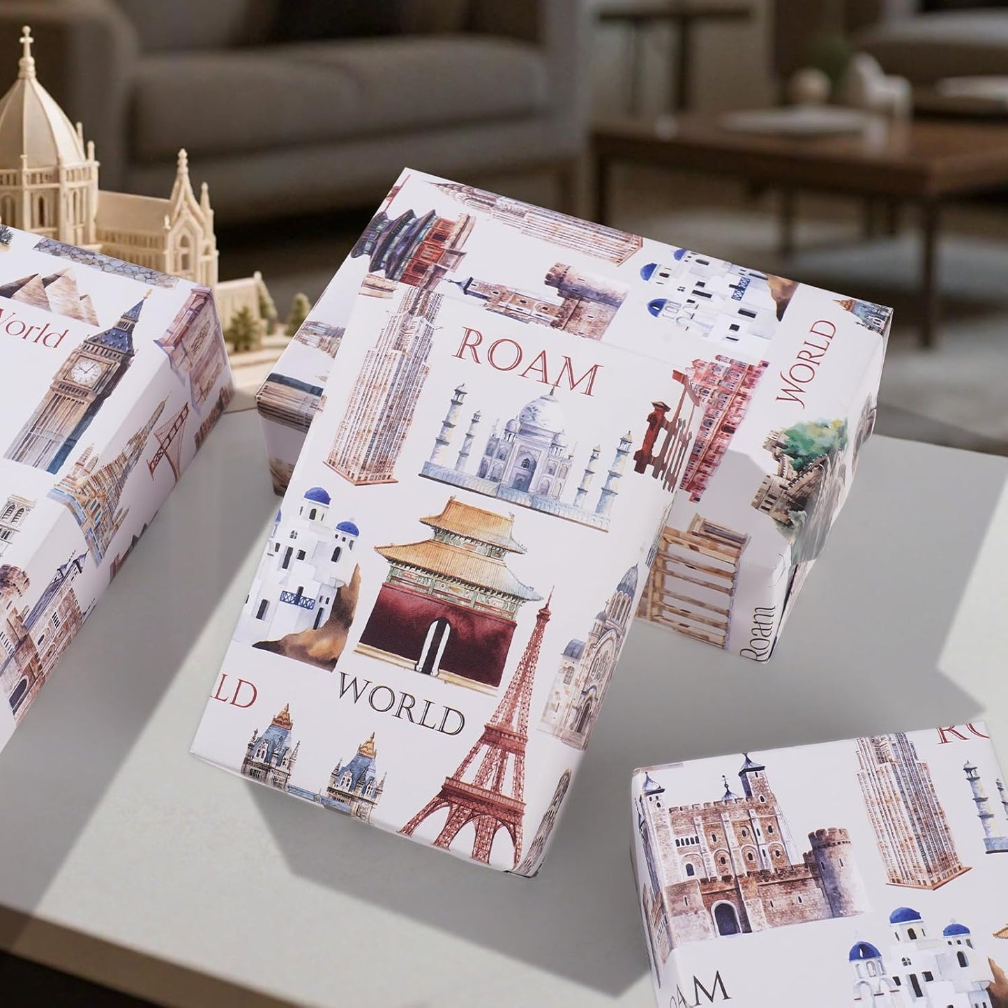 Pineraap World Landmark Wrapping Paper Roll - 17Inch x16.4Feet - Eiffel Tower,Big Ben,Statue of Liberty Themed Watercolor Gift Wrap for Travel Enthusiasts,Holidays,Birthdays