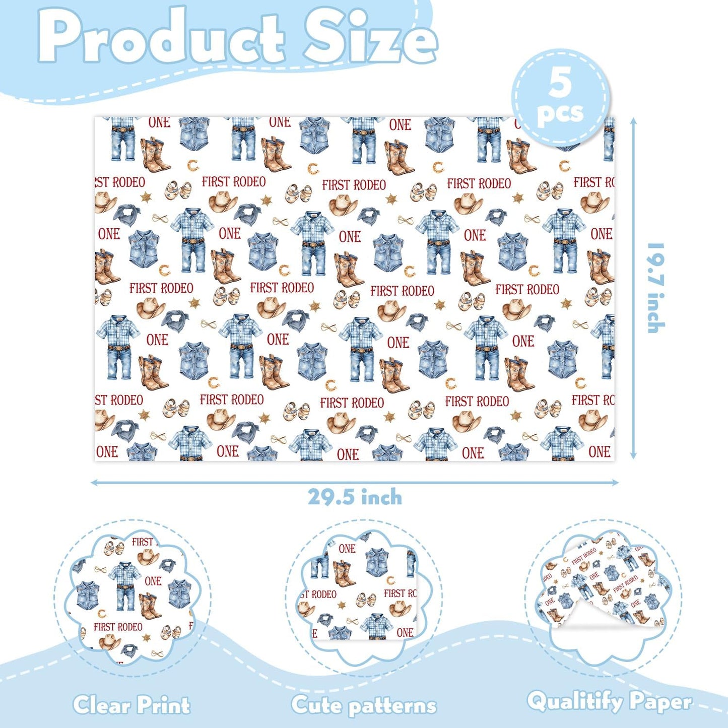 MJSXY Cowboy Wrapping Paper for Boy, My First Rodeo Party Favors with White Cowboy Theme for 1st Birthday, 5 Sheets Western Wrapping Paper 19.6x27.5 Inch, Western Themed Party Decorations