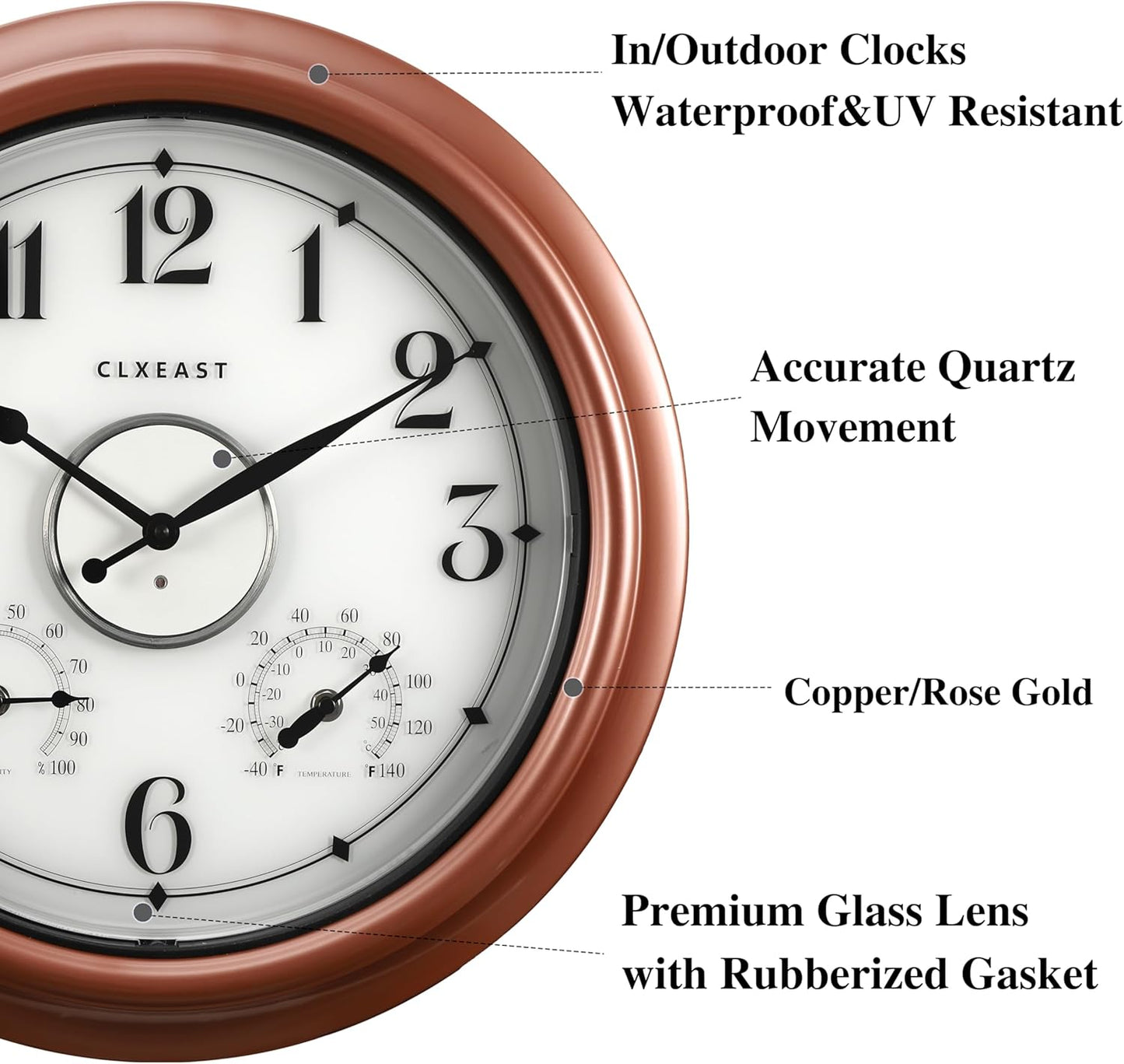 CLXEAST 18 Inch Illuminated Outdoor Indoor Clocks with Smart Sensor,Modern Farmhouse Lighted Wall Clock with Temperature and Humidity for Patio, Garden Decor,Copper/Rose Gold Finish