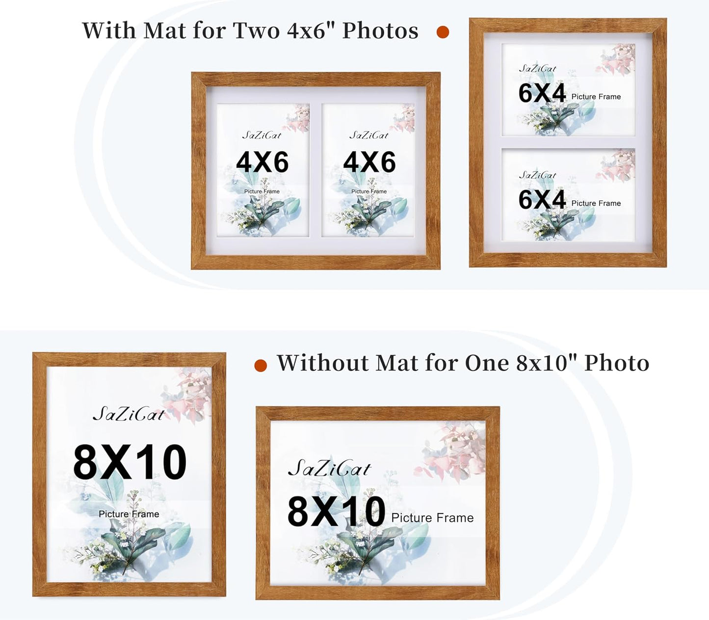 8x10 Pine Wood Collage Picture Frame Double 4x6 Picture Frame with Tempered Glass Fits 1Pc 8x10 Picture or 2Pcs 4x6 Photos With Mat For Tabletop or Gallery Wall Mounted-Teak Brown