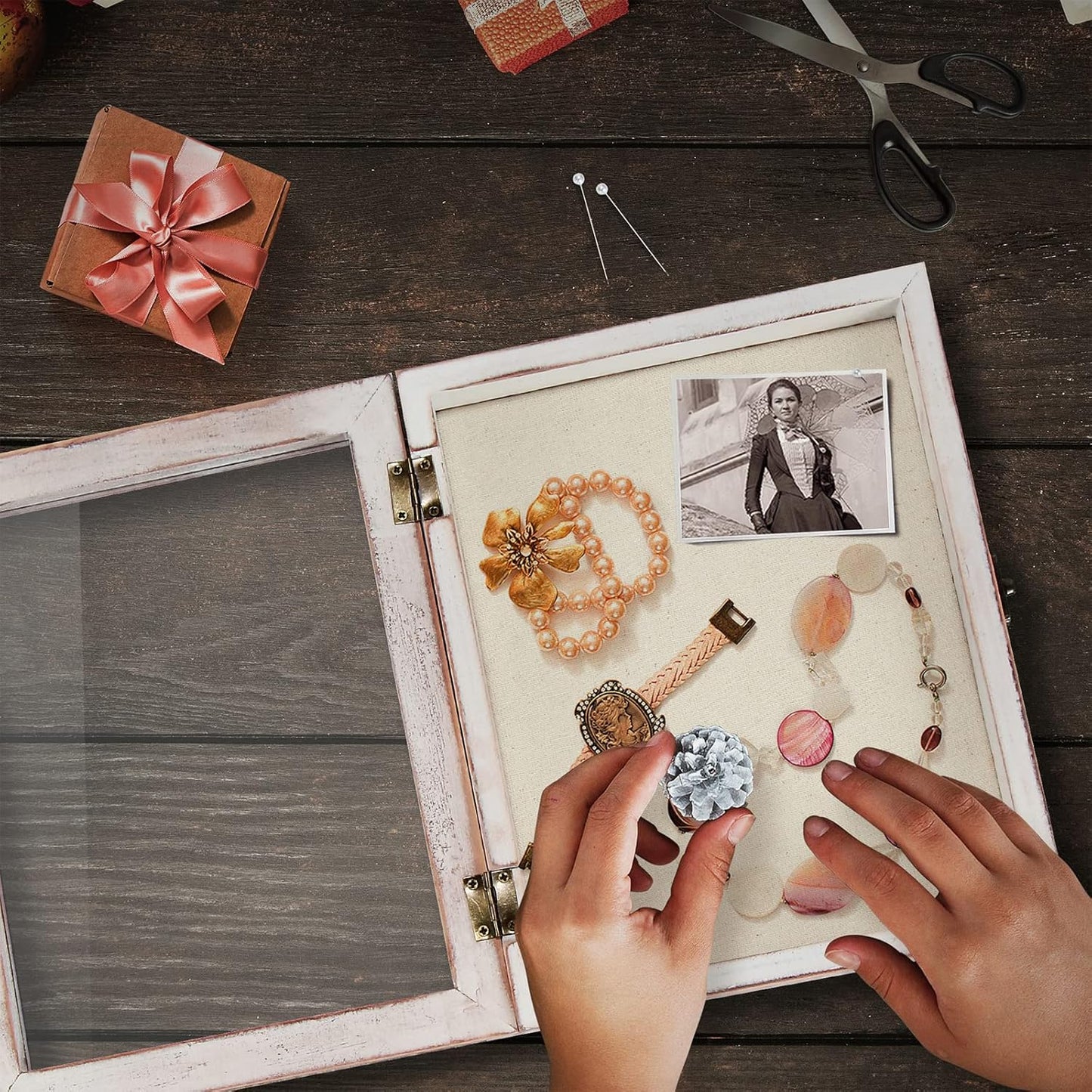 TJ.MOREE Shadow Box Frame 8 x 10 Flower Shadowbox Display Case Picture Frame with Linen Back Memorabilia Bouquet Medals Military Photos Memory Box- White Pink