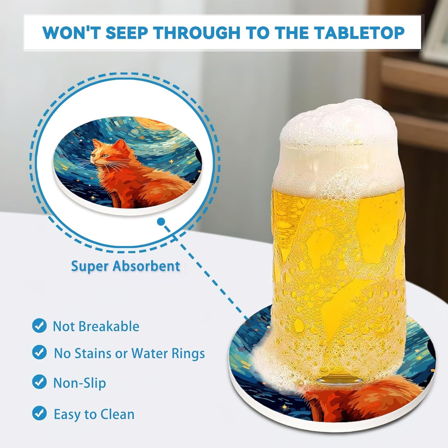 Starry Night Cat Coasters Set of 4, Round 4" Absorbent Ceramic Stone Coasters with Cork Base, Cute Table Home Decor, Ideal Gifts for Women Men