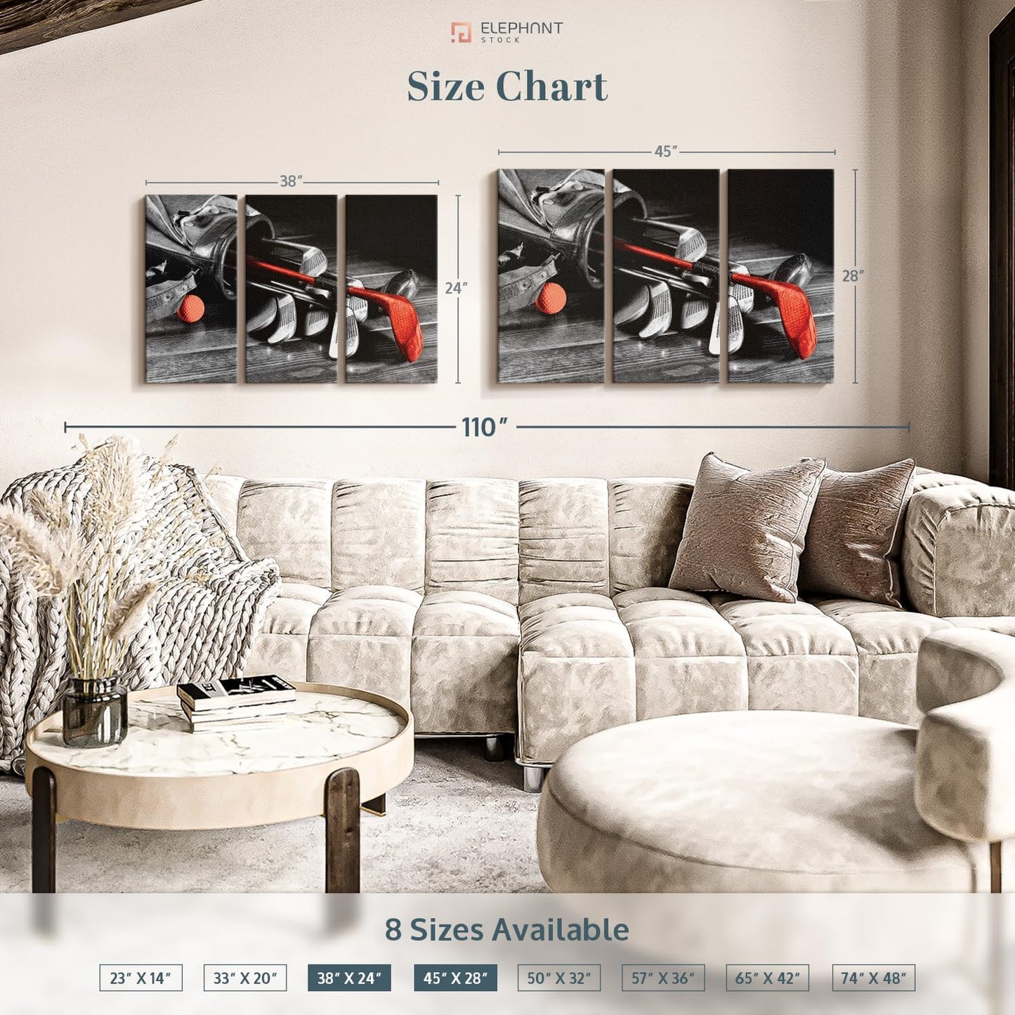 ElephantStock Golf Equipment Pop Wall Art - Horizontal Canvas - 3-Piece Living Room Wall Decor - Photography Sports Canvas Print - Black and Gray Decor for Wall - 45" X 28"