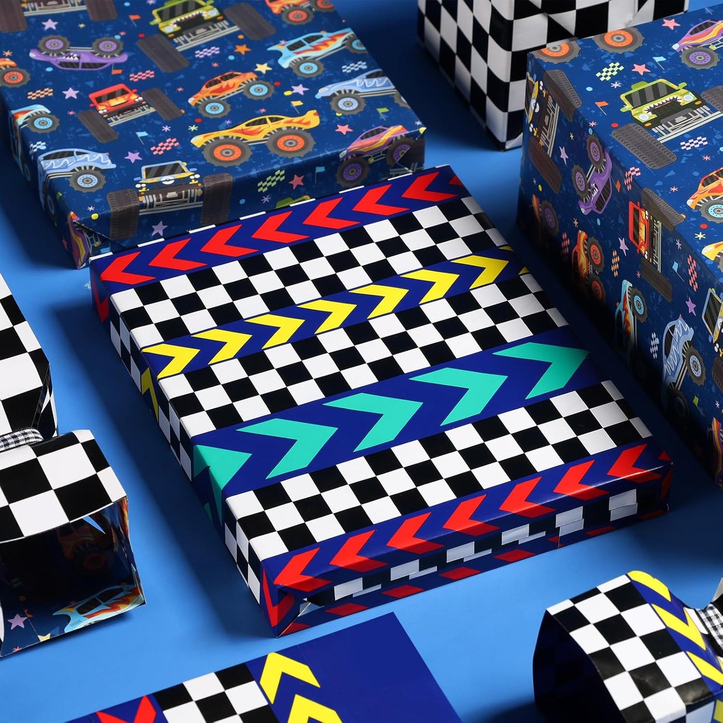 LaRibbons Race Car Reversible Wrapping Paper Mini Roll, Race Track and Checkered Flag Design, Perfect for Kids and Boys Birthdays, 17" x 33'(46.7 sq. ft)