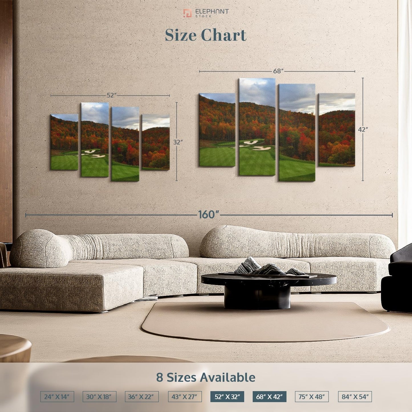 Elephant Stock Autumn Golf Course Wall Art - Horizontal Canvas - 4-Piece Living Room Wall Decor - Photography Sports Canvas Print - Blue and Orange Decor for Wall - 52" X 32"