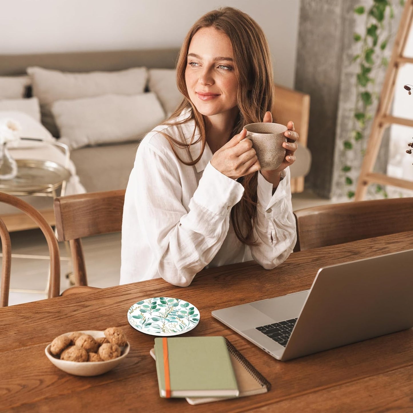 Drinks Coasters Set of 4, Sage Green Plants Round 4" Cup Coasters, Absorbent Ceramic Stone Coasters with Cork Base, Cute Coasters for Table Home Décor, Ideal Gifts for Women Men