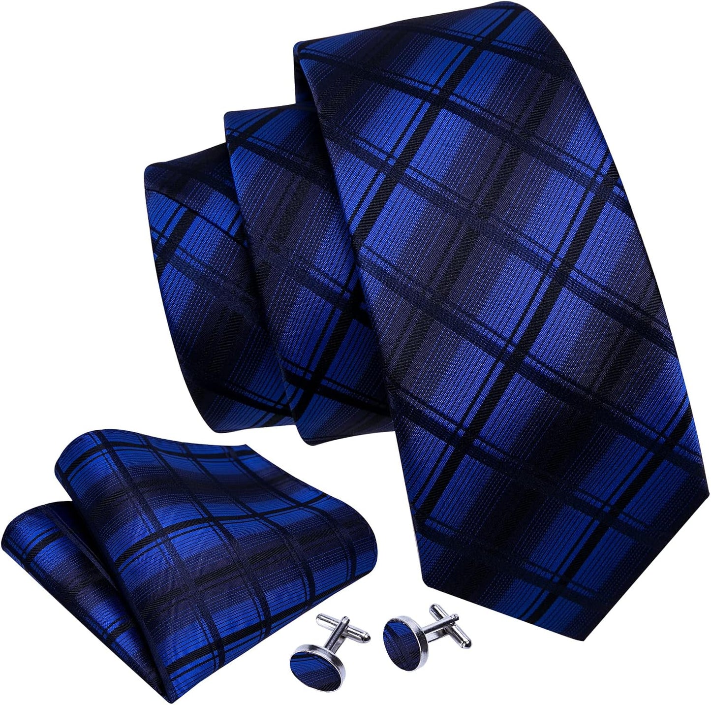 Barry.Wang Designer Classic Ties for Men Set Formal Pocket Square Cufflink Check Plaid