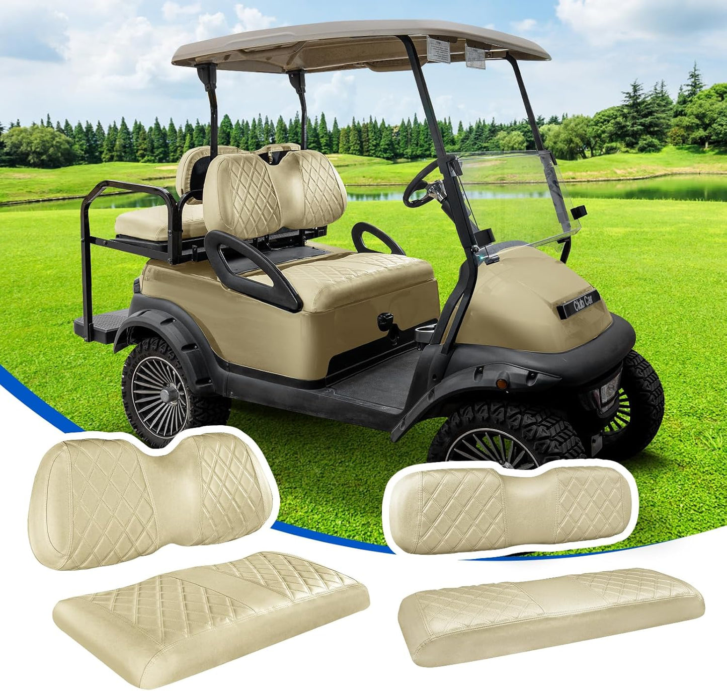 NOKINS 4PCS Golf Cart Seat Covers Kit, Front and Rear Seat Covers Fits Club Car Precedent Standard Seat Cushion, Club Car Vinyl Diamond Seat Covers Accessories, No Staples (Buff)