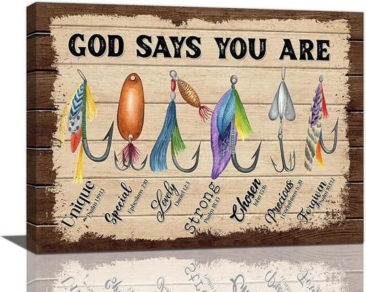 Fishing Wall Art, Fish God Says You Are Pictures Wall Decor Coastal Canvas Prints Framed Artwork Paintings Home Office Decorations For Bathroom Bedroom Living Room Kitchen 16l X 12w