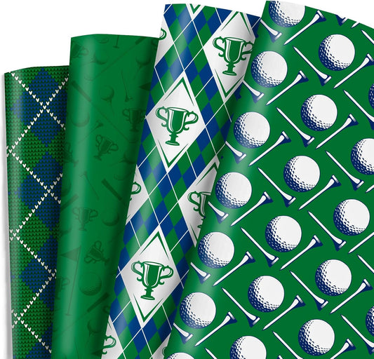 Dtiafu Golf Wrapping Paper for Men Boys Girls - 8 Sheets Green Elegant Gift Wrap with 4 Golf Champions Plaid Patterns for Birthday - Pre Cut& Folded Flat Design(20 X 27 Inch Per Sheet)