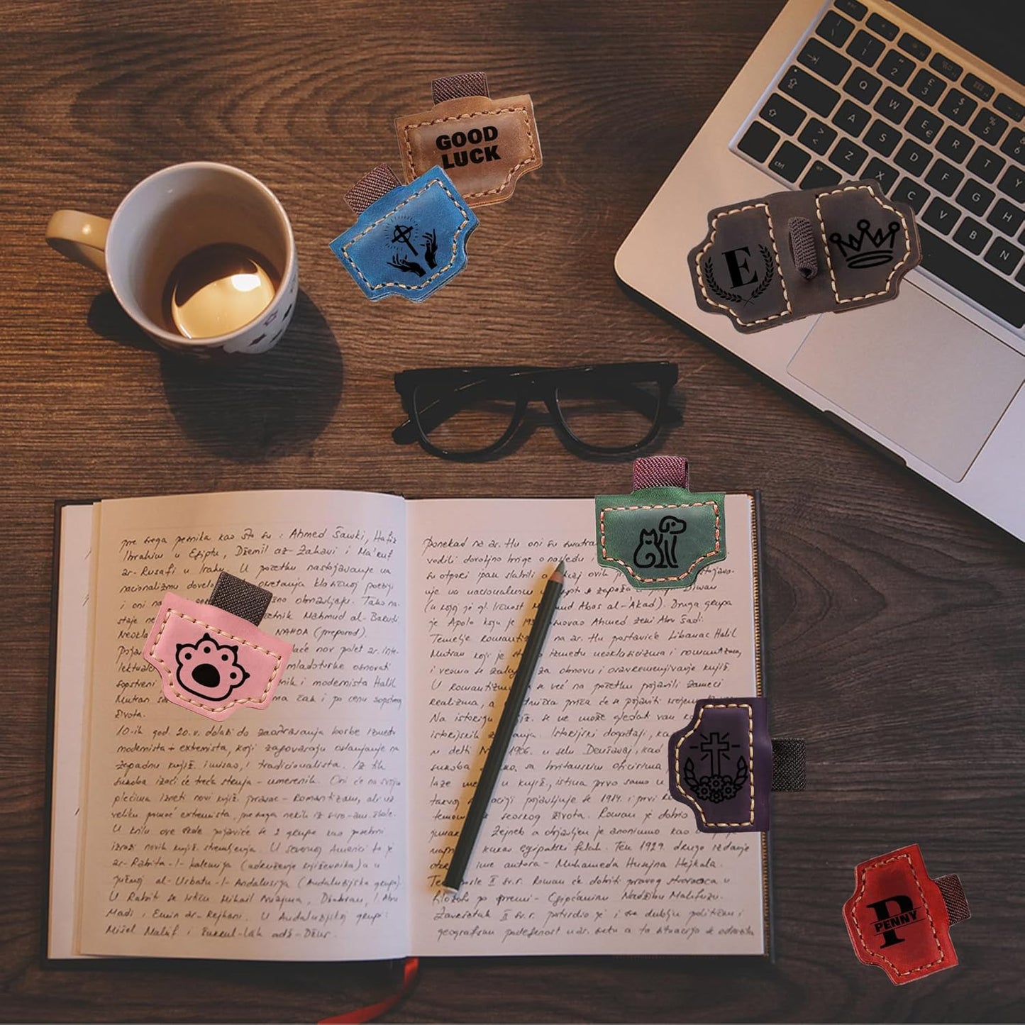 Personalized Magnetic Leather Bookmarks with Pen Holder Custom Vintage Book Accessory with Name Logo Text Icon Christmas Gifts for Readers Men Women Kids Lovers