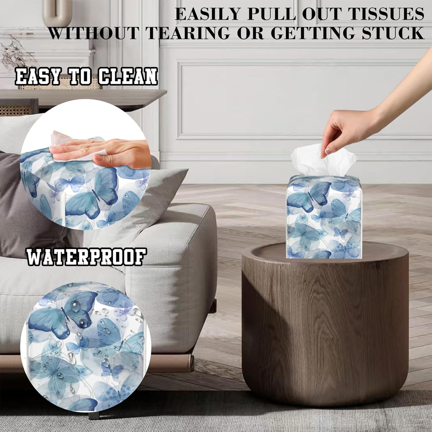 Abstract Blue Butterflies Tissue Box Cover Square, Tissue Box Holder Leather Facial Paper Case Decorative Organizer Holder Dispenser Home Office Car Decor