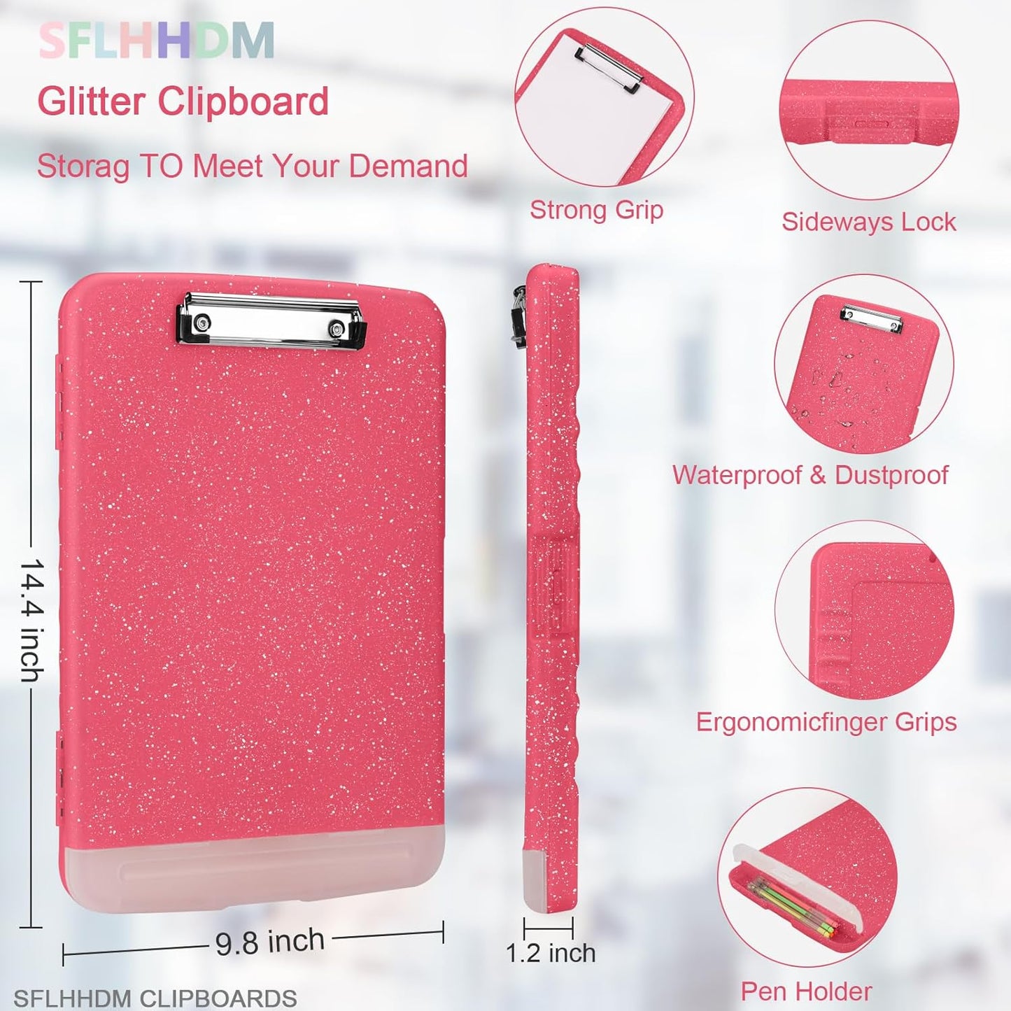 Glitter Clipboard with Storage,Storage Clipboard with Pen Holder,A4 Binder Clip Boards 8.5x11 with Low Profile Clip,Side Opening Sparkle Clipboards,Clipboards Folder for Office Supplies-Rose Red