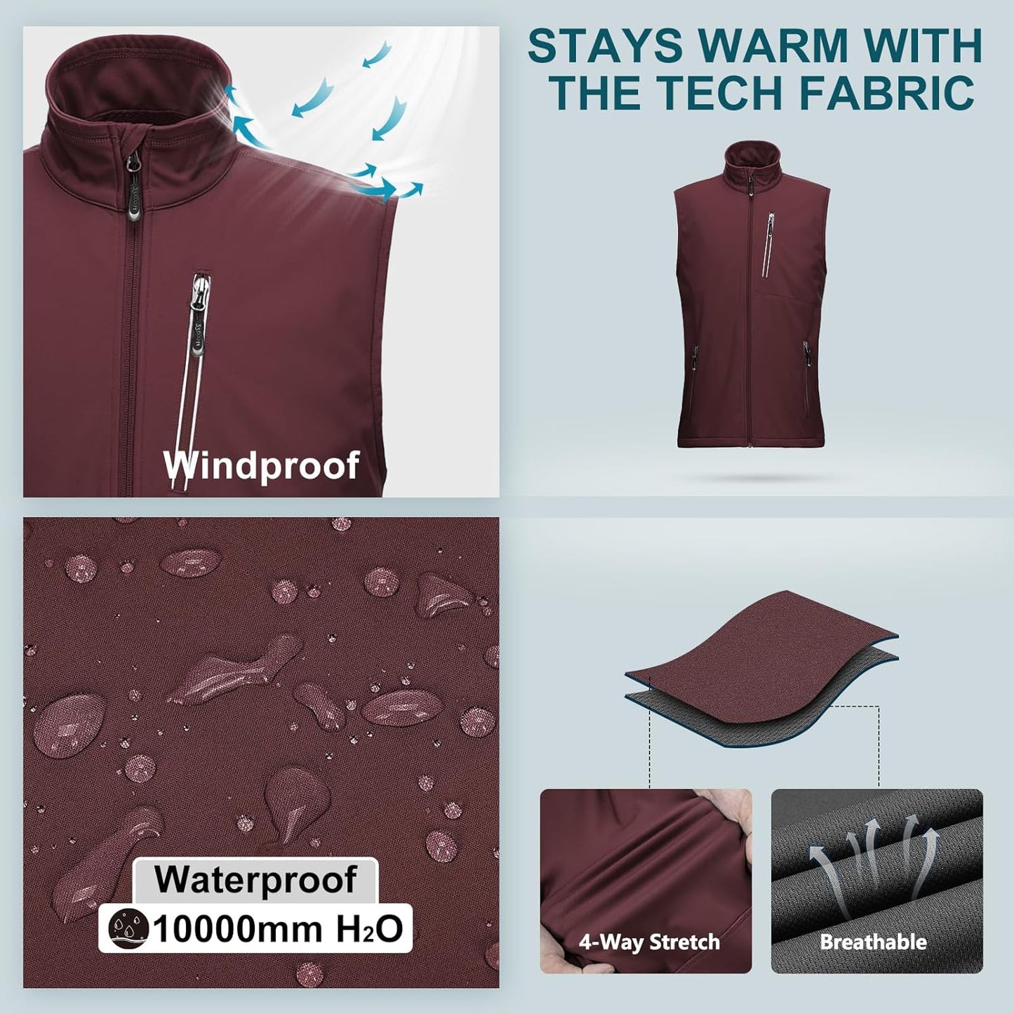 33,000ft Men's Windproof Lightweight Golf Vest Outerwear with Pockets, Softshell Sleeveless Jacket for Running Hiking Sports