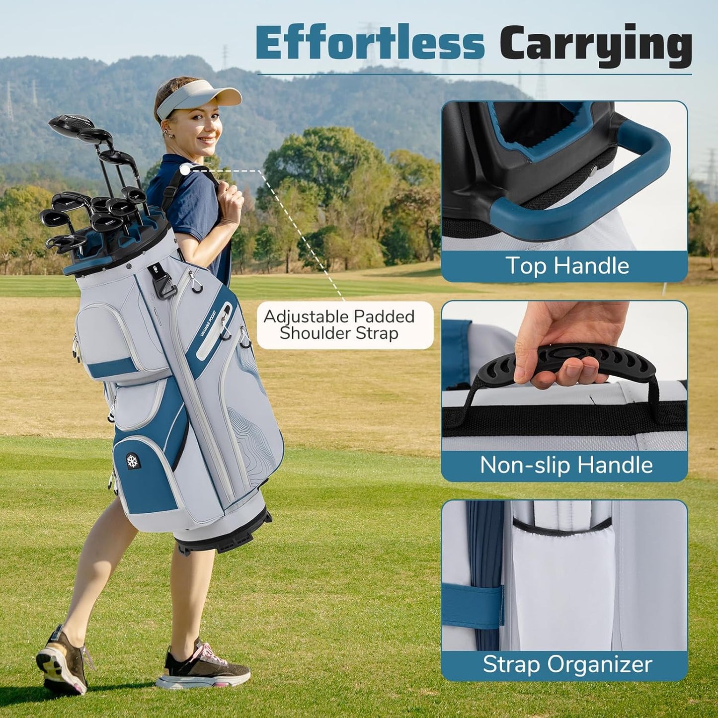 Tangkula Golf Cart Bag with 14-Way Full Length Dividers, 6 Molded Lock Top Golf Club Bag with 11 Pockets, Cooler Bag, Padded Strap, Handles, Umbrella Holder & Rain Hood