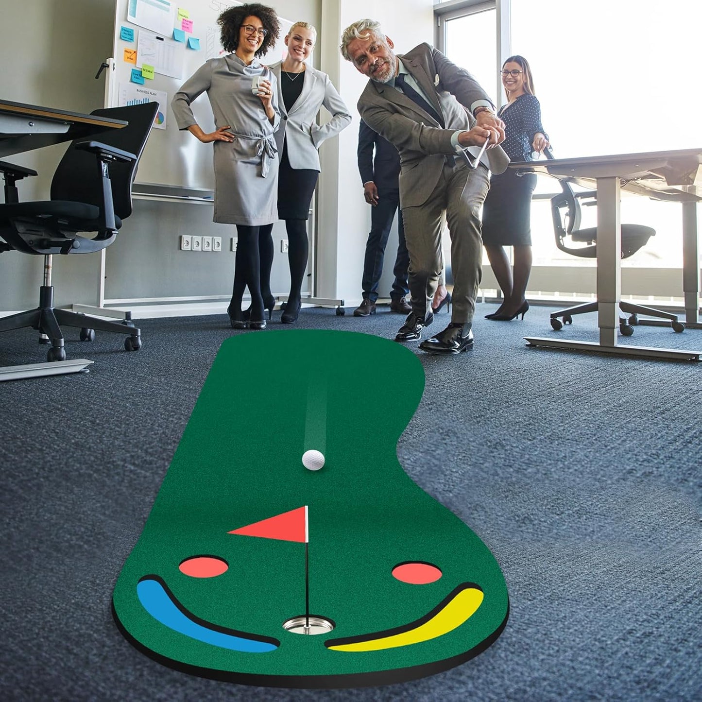 Goplus Putting Green - 9.8 FT x 3 FT Golf Practice Mat with 3 Putting Cups & Flag, Indoor/Outdoor Portable Training Mat