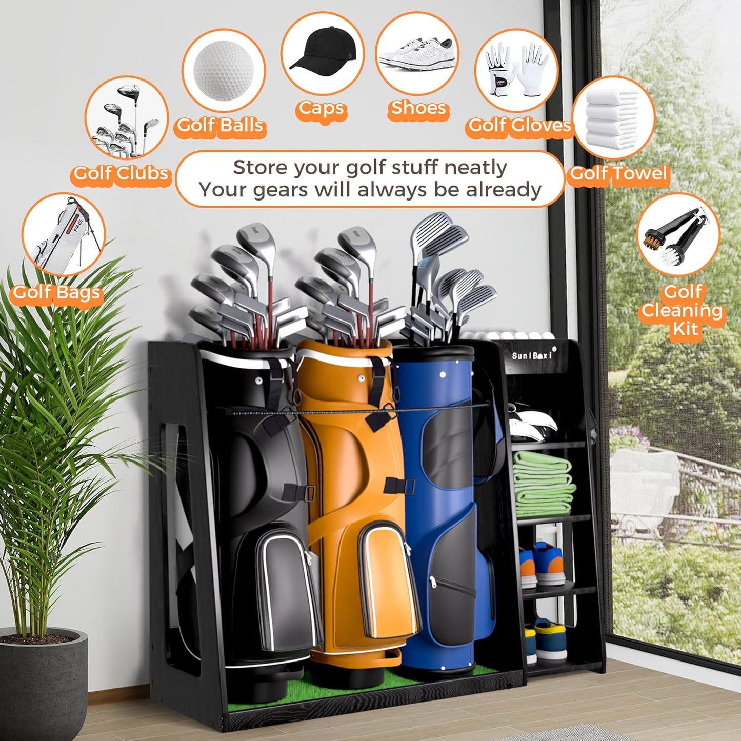 Wooden Golf Storage Organizer for Garage, Premium Golf Bag Holder Rack for Golfing Accessories, Great Gift for Golfers,Husband, Dad