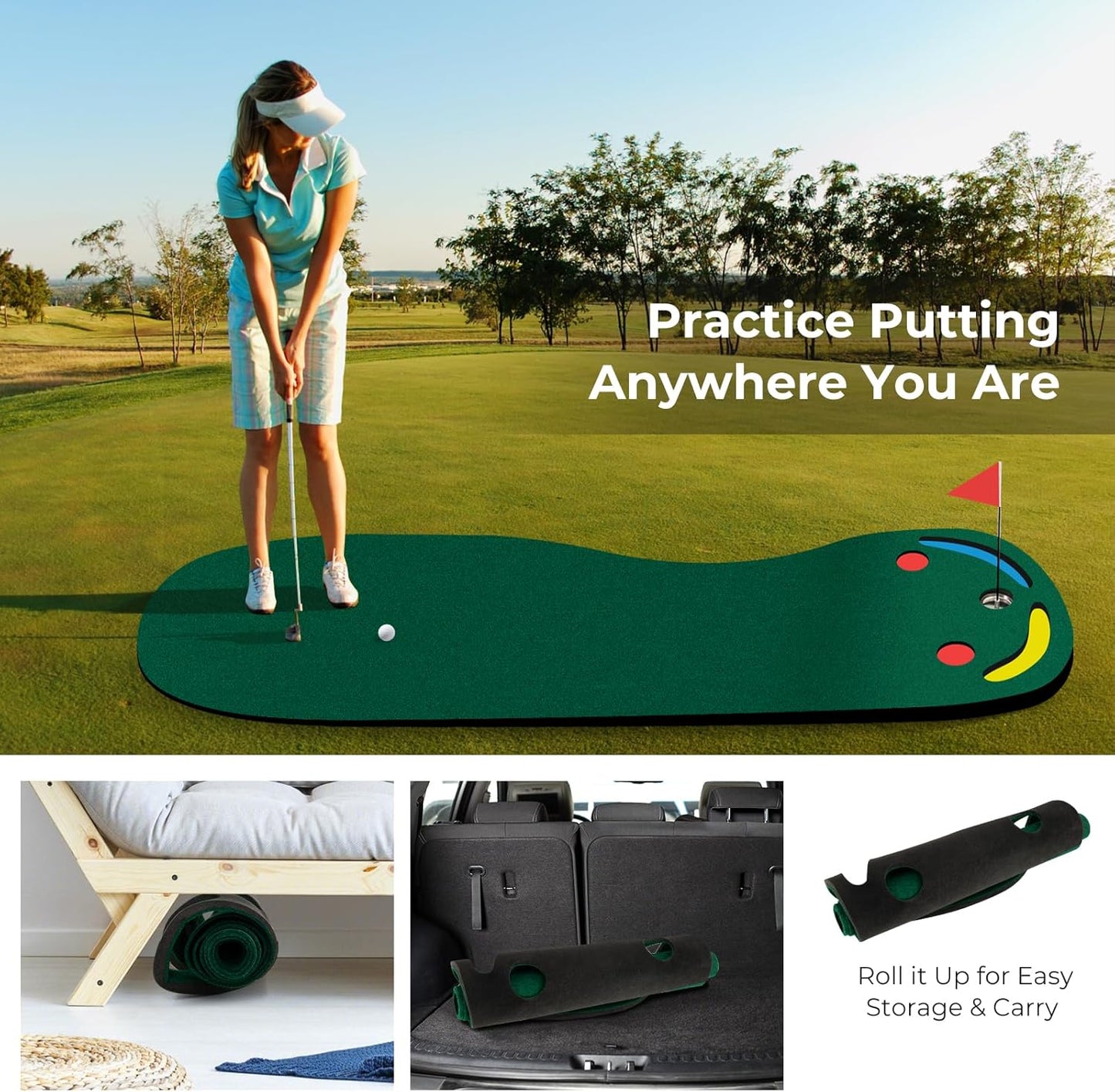 Goplus Putting Green - 9.8 FT x 3 FT Golf Practice Mat with 3 Putting Cups & Flag, Indoor/Outdoor Portable Training Mat