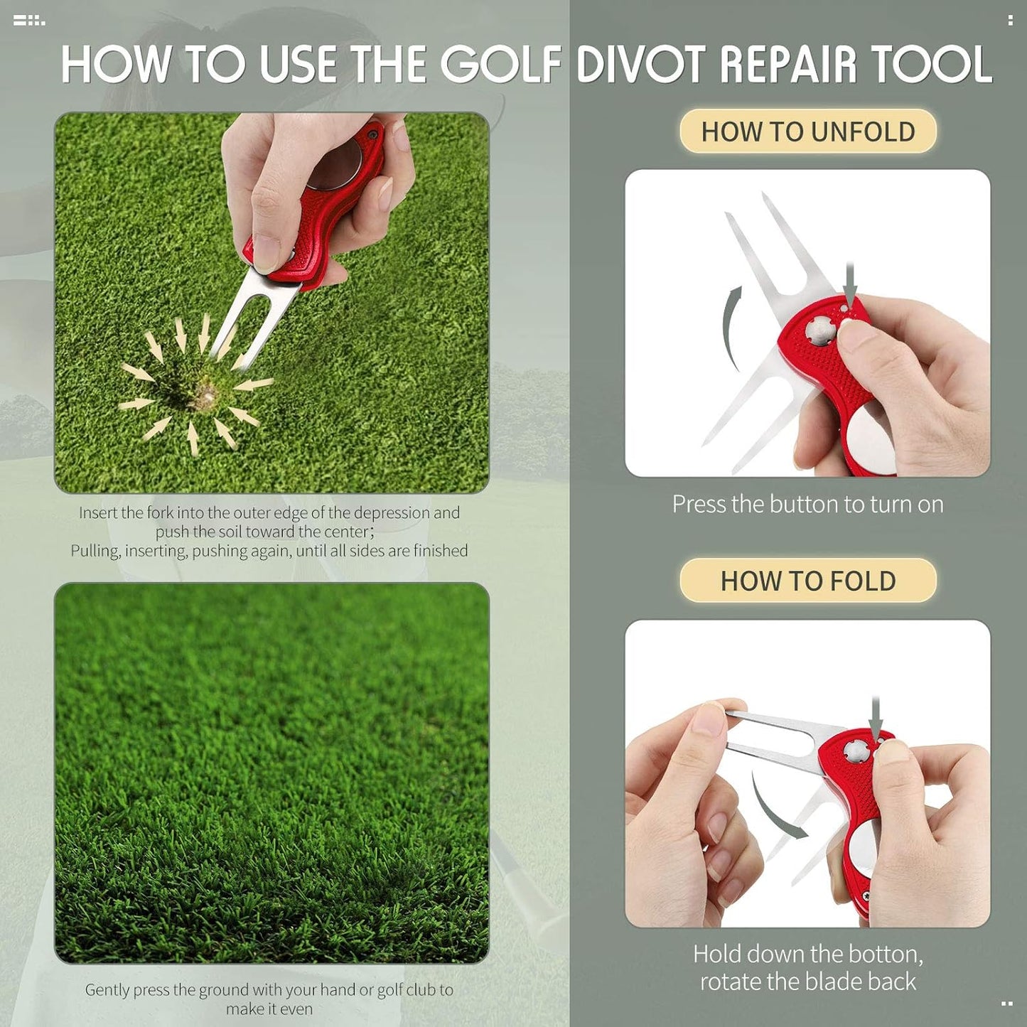 Skylety 4 Pcs Golf Divot Repair Tool Metal Foldable Golf Divot Tool with Magnetic Pop-up Button Ball Marker Stainless Steel Switchblade for Golfers Prizes