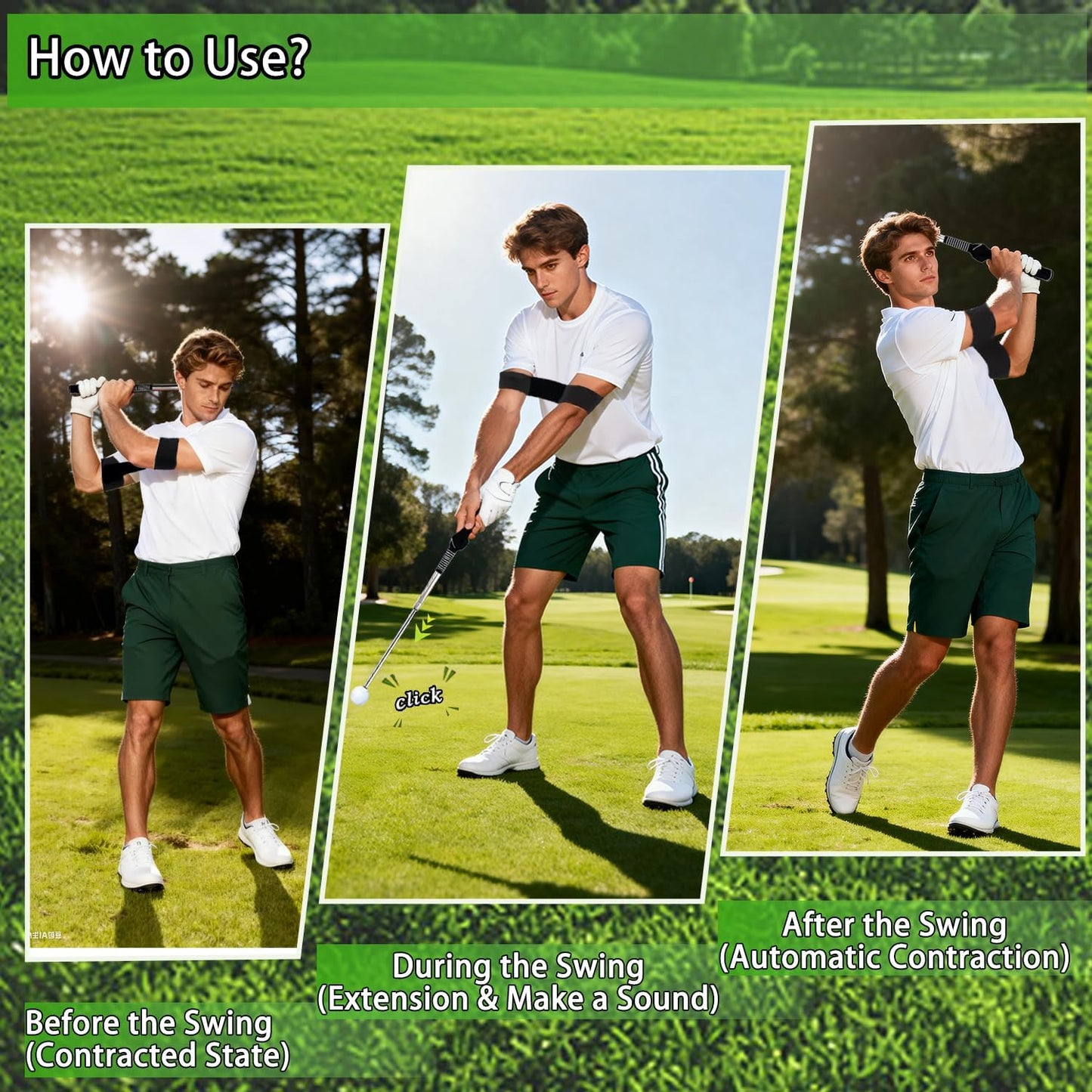 TRILVIX Retractable Golf Swing Training Aid, Portable Grip Trainer with Click Feedback, Right-Handed Golf Training Aid with Arm Band, for Chipping Hitting, Strength & Tempo, Golf Accessories for Men