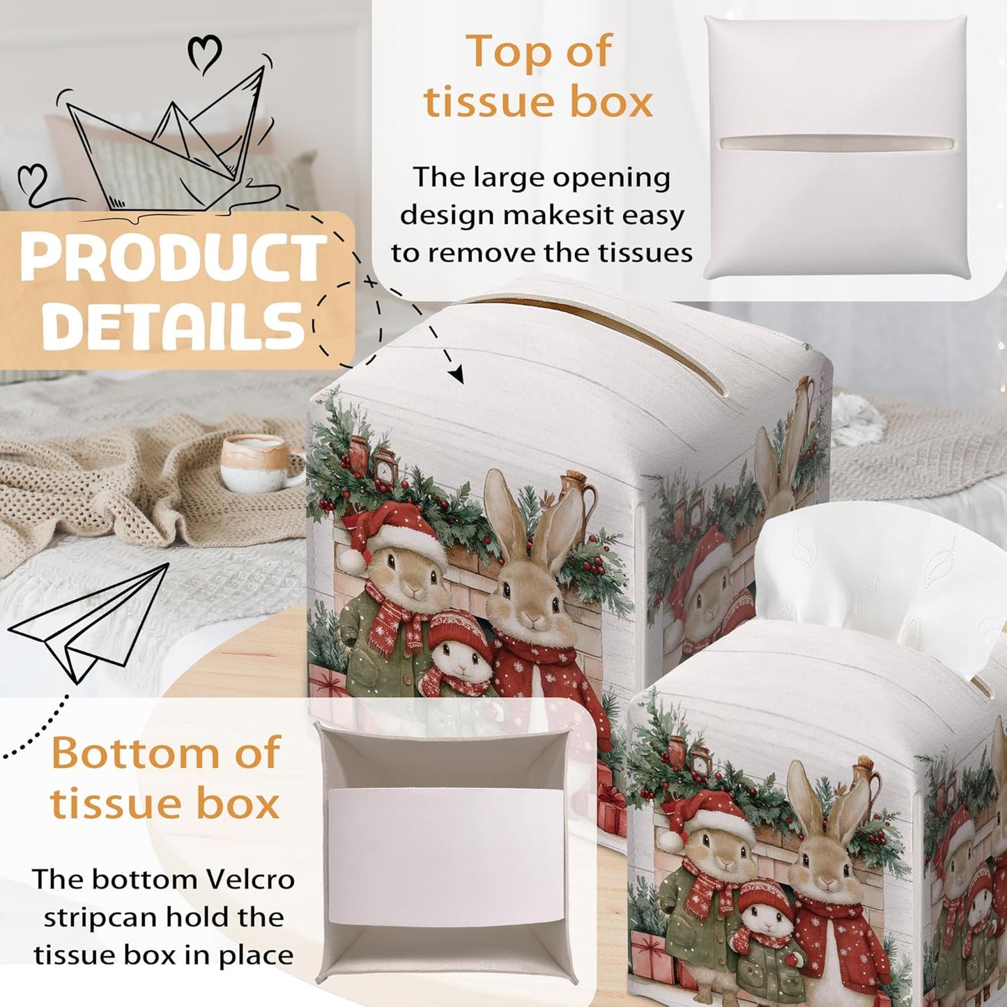 Christmas Tissue Box Holder, Christmas Bunny Leather Tissue Box Cover Square with Bottom Belt, Paper Facial Decorative Tissues Cover for Night Stands Bathroom Office Home Decor-B12