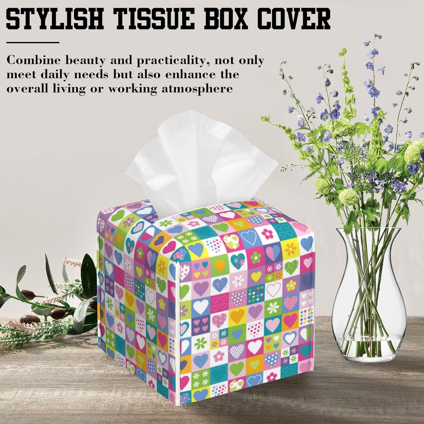 Checkered Hearts and Flowers Tissue Box Cover Square, Tissue Box Holder Leather Facial Paper Case Decorative Organizer Holder Dispenser Home Office Car Decor