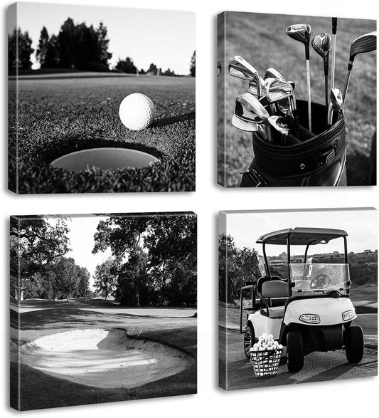 DJSYLIFE Golf Decor Golf Course Wall Art - Sport Poster Black and White Canvas Prints Picture for Modern Home Office Men Bedroom Decoration Stretched and Framed Ready to Hang 12"X12"X4
