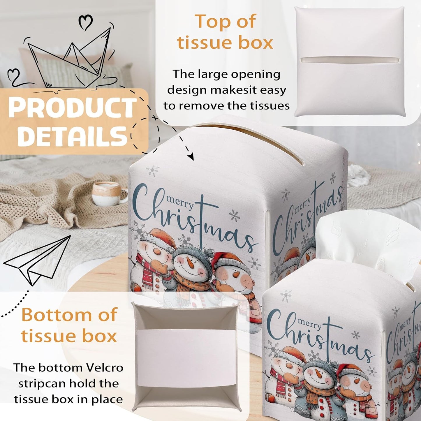 Christmas Snowman Tissue Box Holder, Cute Snowman Family Christmas Leather Tissue Box Cover Square, Paper Facial Decorative Tissues Cover for Night Stands Bathroom Office Home Decor-B03