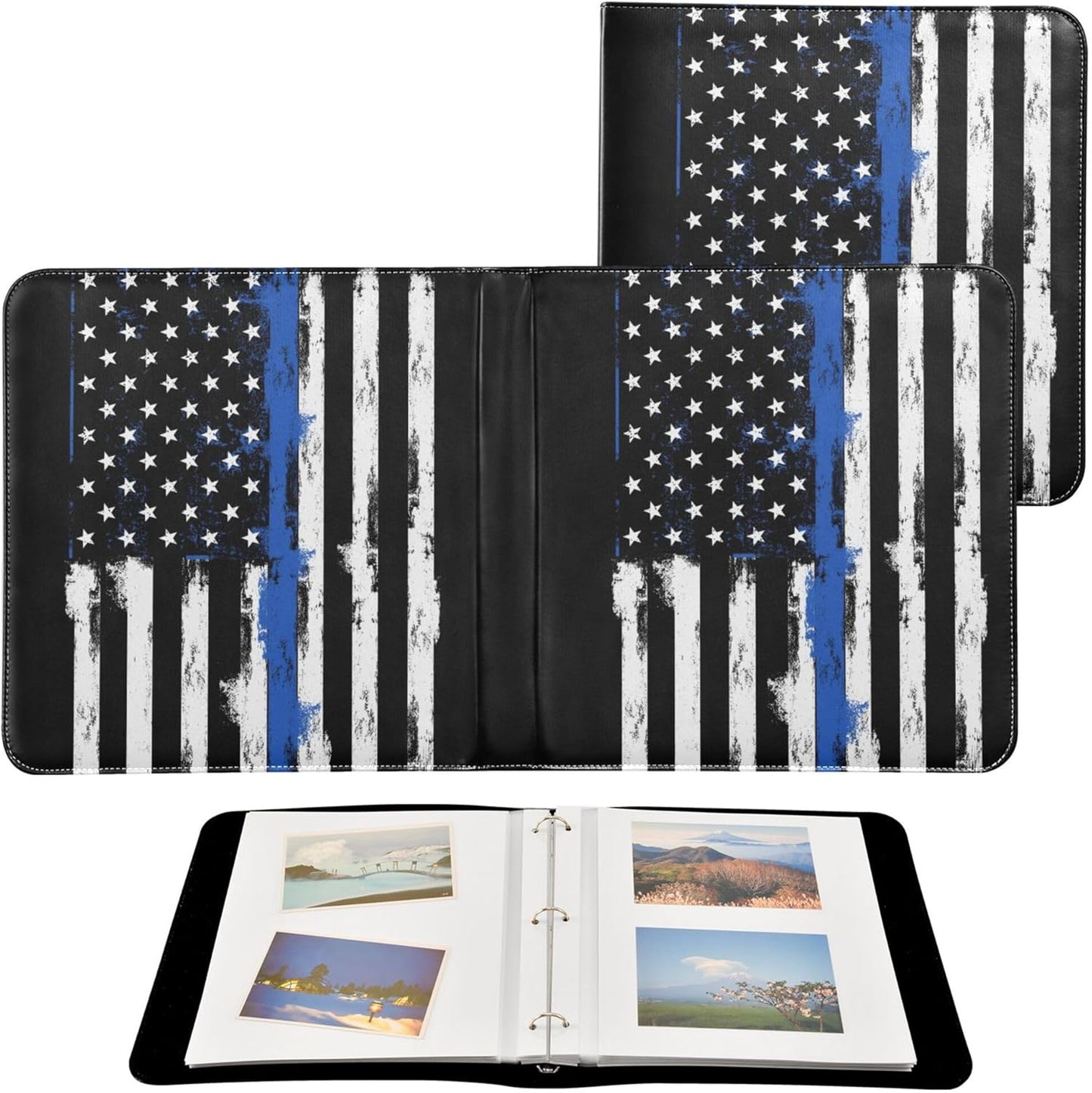Fisyme Blue Line Police American Flag Photo Album Self Adhesive DIY Scrapbook Album for 2x3 4x6 5x7 6x8 Pictures 20 Pages Memory Book for Family Wedding