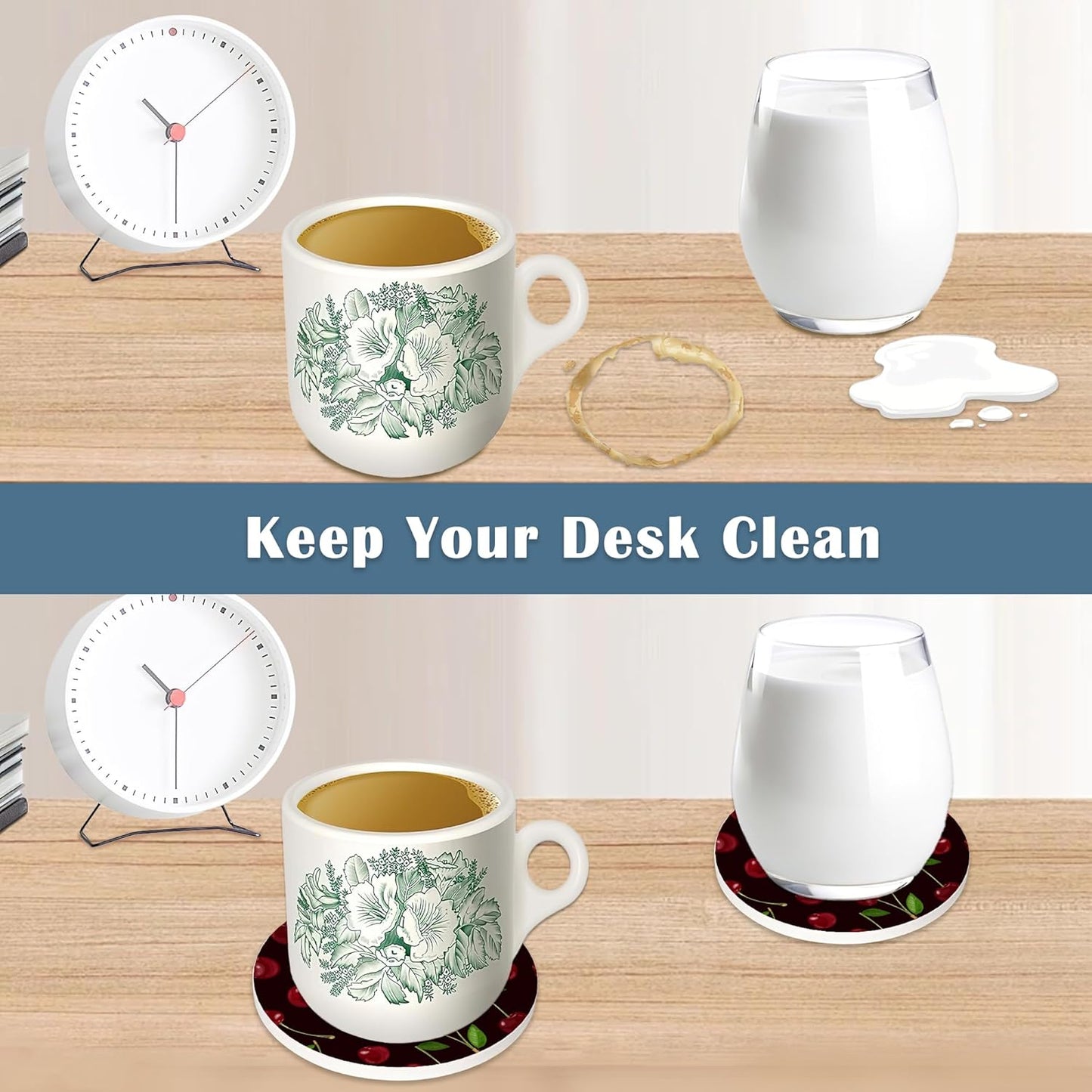 Coasters for Drinks,Red Cherry Cute Absorbent Coaster Set of 4 with Cork Base,Ceramic Drink Coasters for Cold Drinks Wine Glasses Cups Mugs,Housewarming Gifts for Home Decor