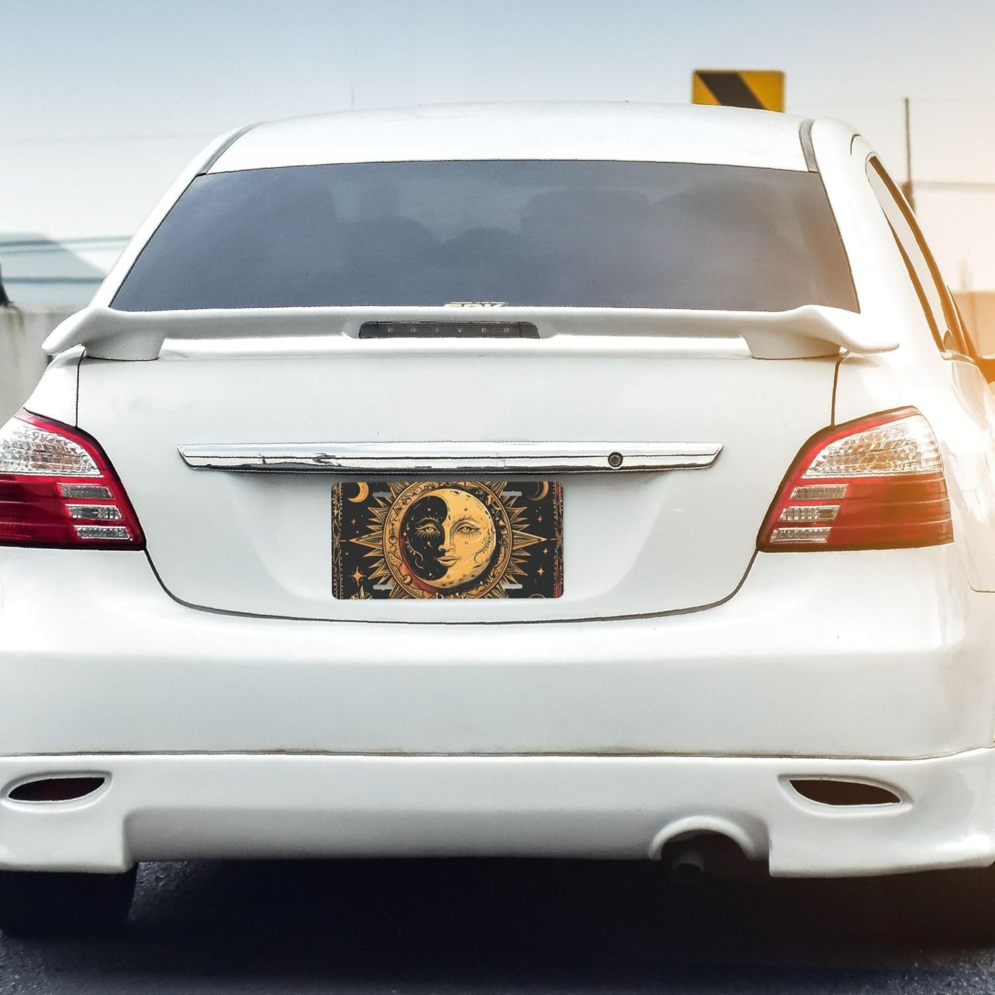 Front License Plate for Car Designs Ethnic Retro Sun Moon Stainless License Plate Cover Holder for Men Women Metal Aluminum Decorative Accessory Vanity Tag Standard 6 X 12 Inch (4 Holes)