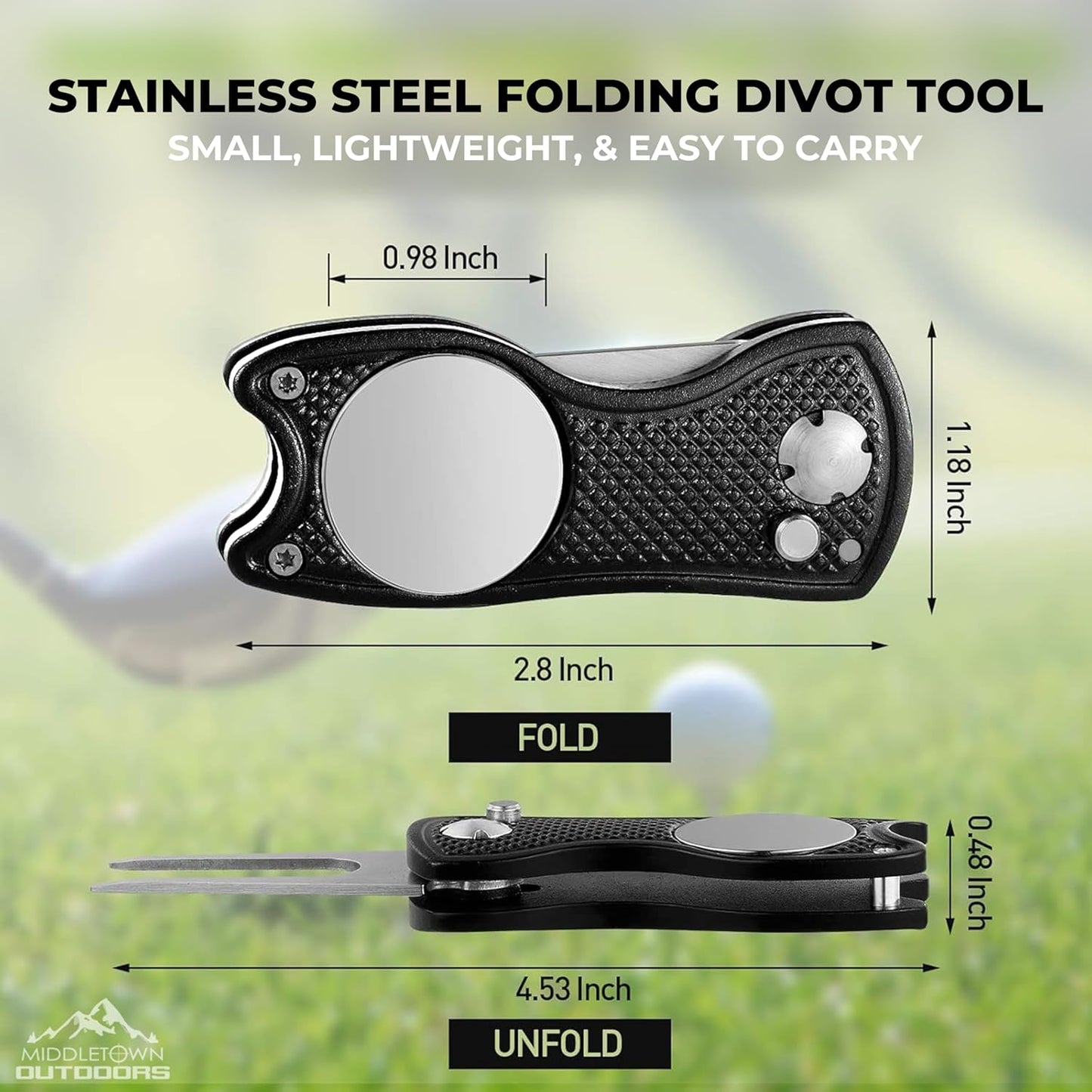 Golf Divot Tool with Magnetic Ball Marker, Multifunctional Divot Tool, Foldable Fork,Fix Divots, Clean Clubs and Cleats, U Shape Bottom can Hold Club