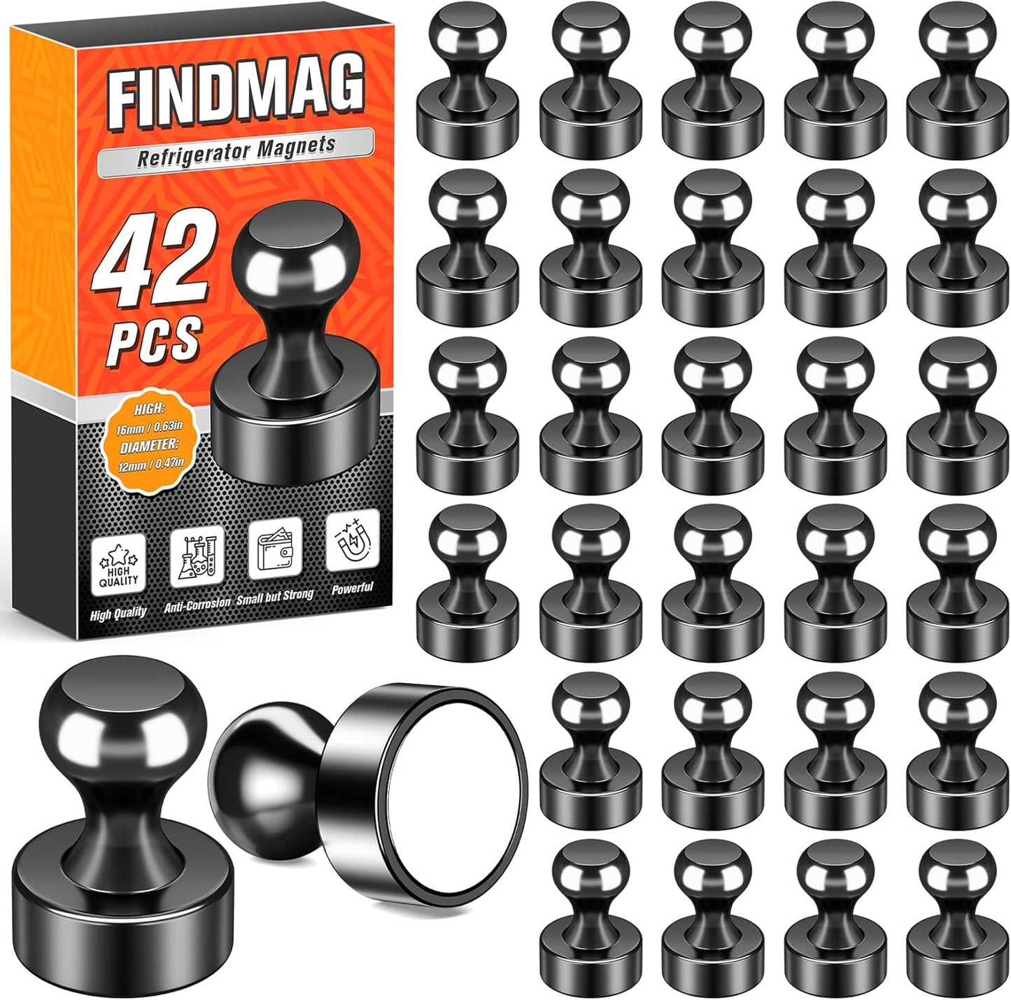 FINDMAG Magnets Refrigerator, Powerful Neodymium Refrigerator Magnet, Bulk Strong White Board Magnets Set Adults, Decorative Locker Magnet for Map, Locker, Workshop, Kitchen, Office, 48 Pack (Black)