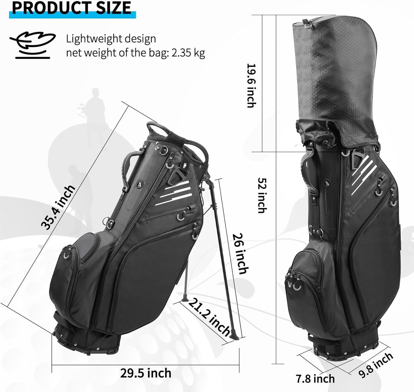 Golf Stand Bag 14 Way Full-Length Dividers with Stand, Lightweight Waterproof Golf Bag, 8 Pockets, Cooler Pouch,Golf Club Bag for Men, Dual Strap, Rain Hood, Black