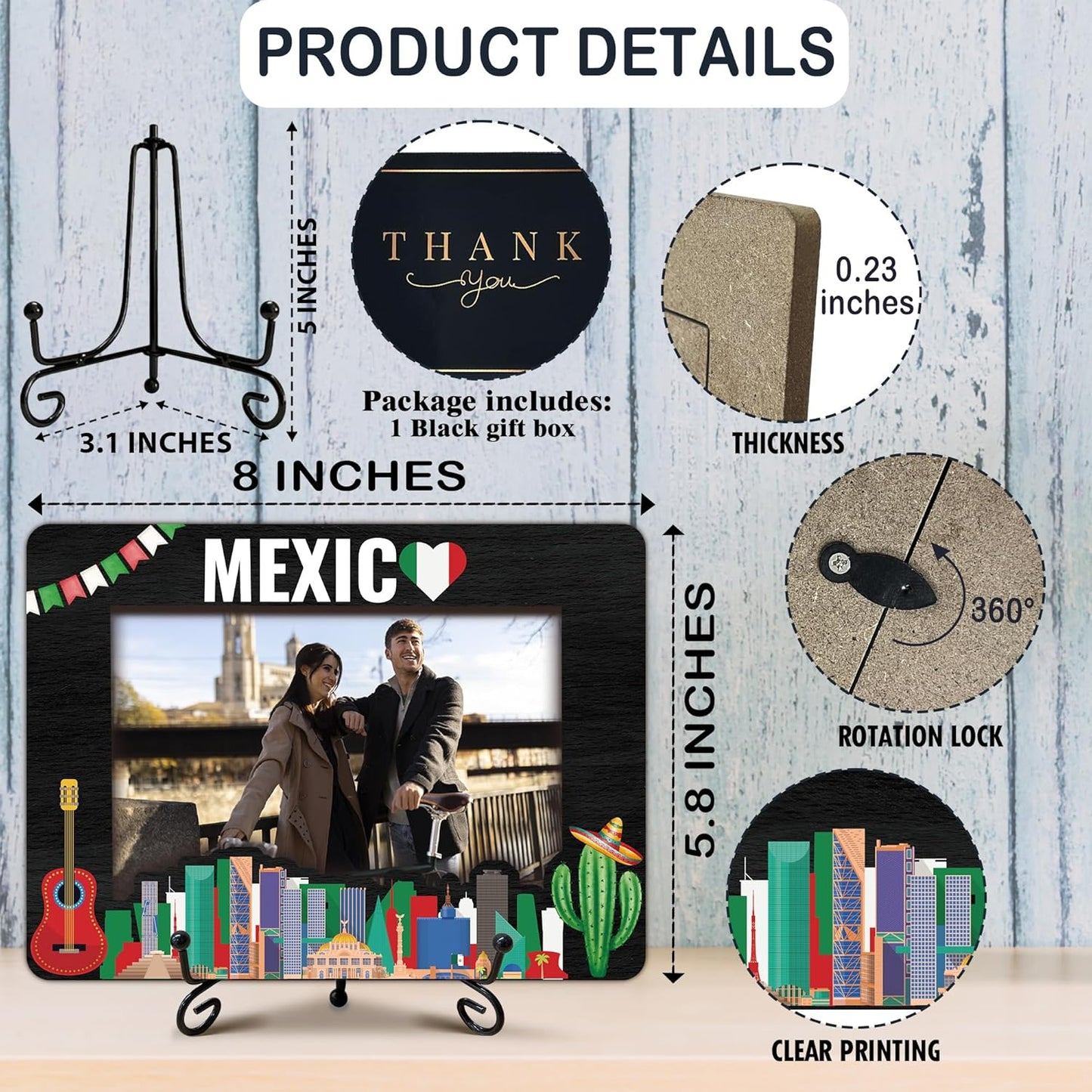 Mexic Travel Picture Frame, 5 x 8 Mexic Themed Wooden Photo Frame with Stand, Vacation Anniversary Honeymoon Gifts For Friend Family Couples, Home Office Desk Decorations-A10